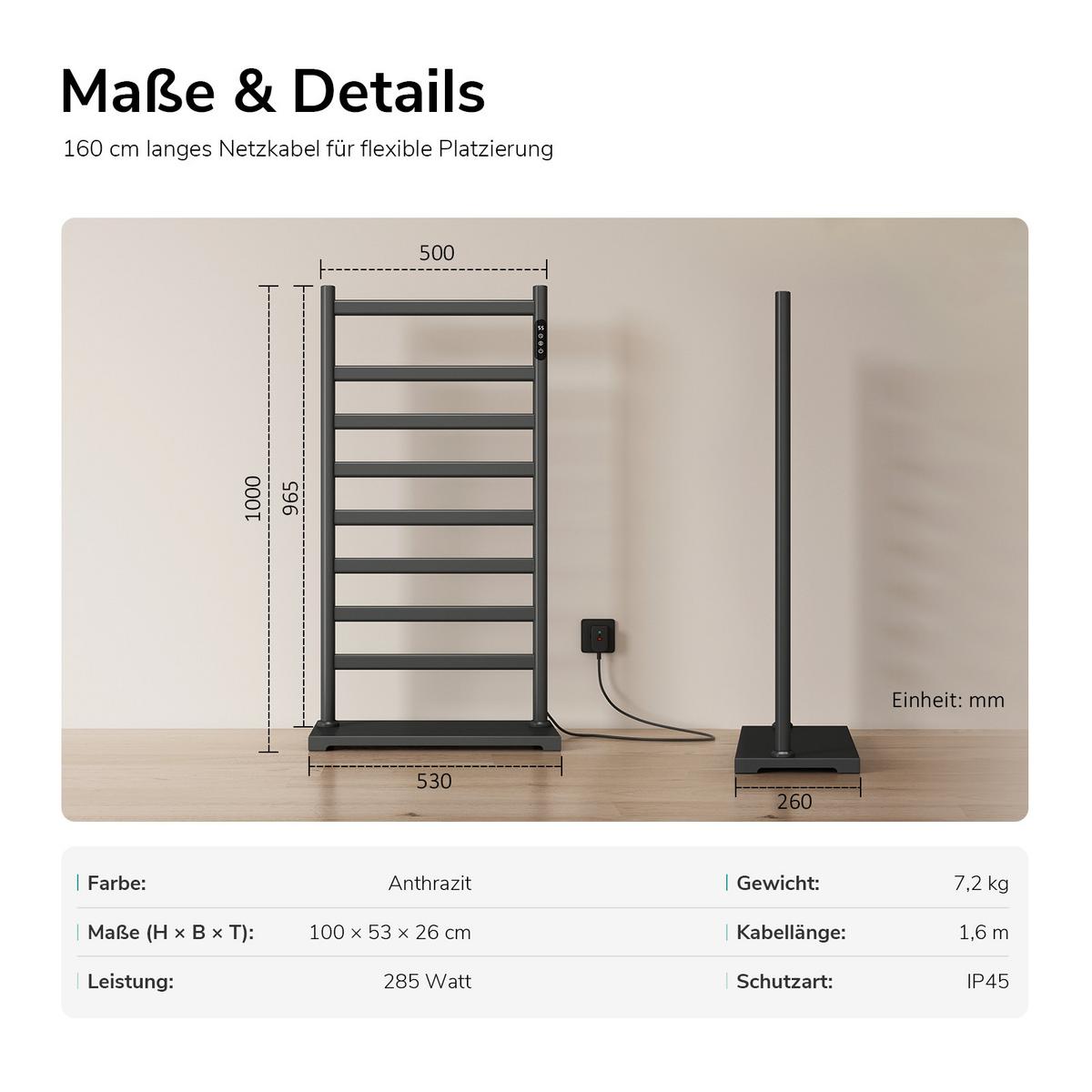 HANDTUCHHEIZKÖRPER elektrischer Tragbare Anthrazit 285 W 53/100/26 cm - Anthrazit, Metall (53/100/26cm) - EMKE