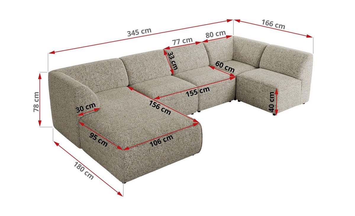 WOHNLANDSCHAFT MODARO U 5M - Beige Struktur - Rechts - Beige/Schwarz, Textil (345/78/180cm) - MKS