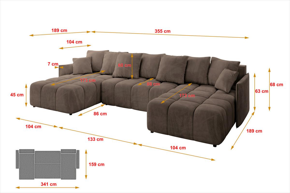 WOHNLANDSCHAFT LONLI-U 355x189x68 Braun Velours - Braun, Holzwerkstoff/Kunststoff (355/68/189cm) - ALTDECOR