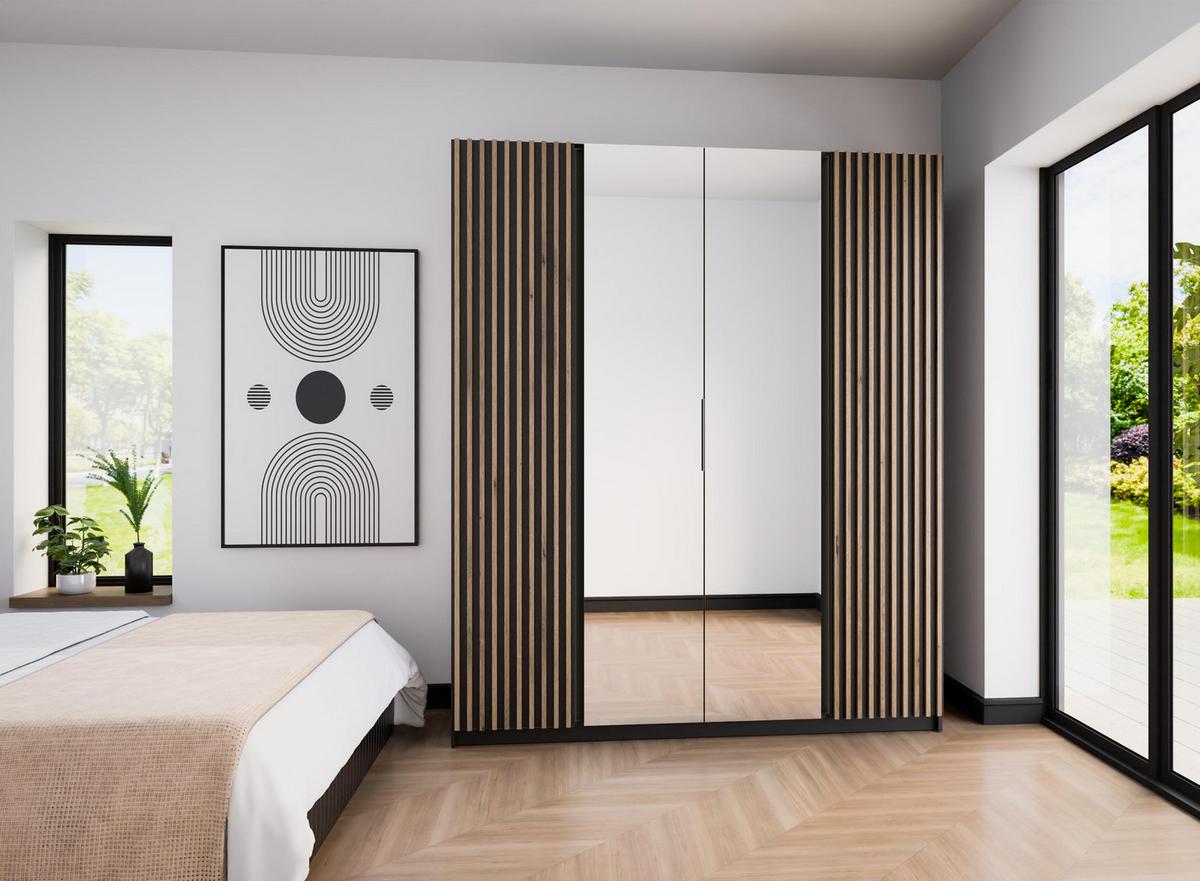 KLEIDERSCHRANK Nehir Korpus Schwarz, Front Schwarz/Eiche Evoke 200 cm - 4T Modern mit Lamellentüren außen und Spiegeln mittig - Schwarz, Holzwerkstoff/Kunststoff (200/239/61.9cm) - AX Living