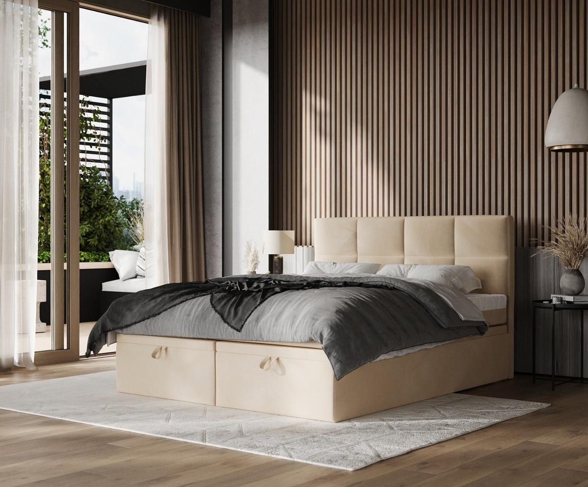 BOXBETT Tessa 140/200 cm Beige im Kronos Stoff - Beige/Schwarz, Holz/Holzwerkstoff (140/200cm) - AltaBeds