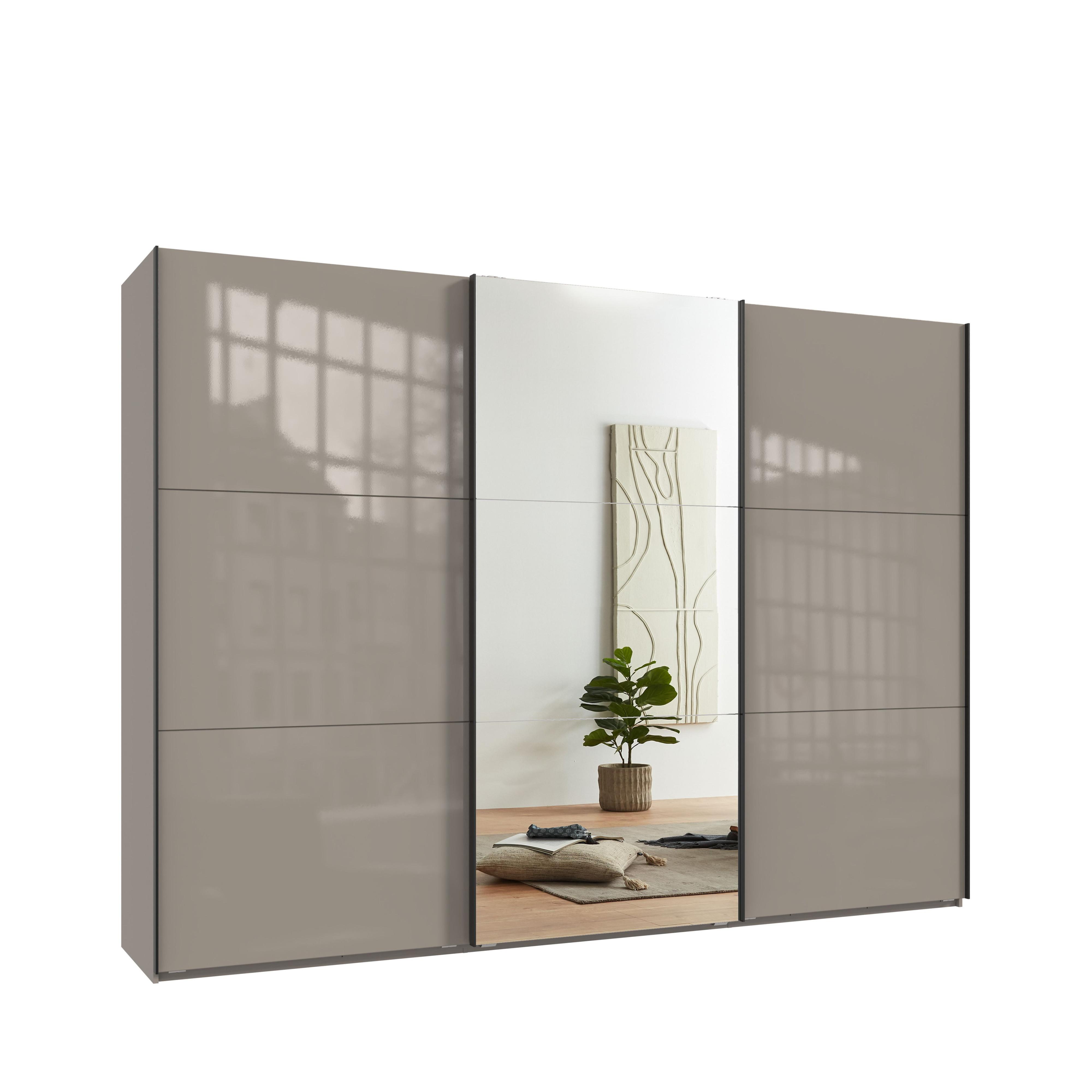 SCHWEBETÜRENSCHRANK 3-türig B300/H216/T65 cm in Sandgrau mit Glasfront, eine Spiegeltür, Kleiderschrank inkl. Vollausstattung / 22040 - Sandfarben/Eichefarben, Holzwerkstoff/Metall (300/216/65cm) - luma-home