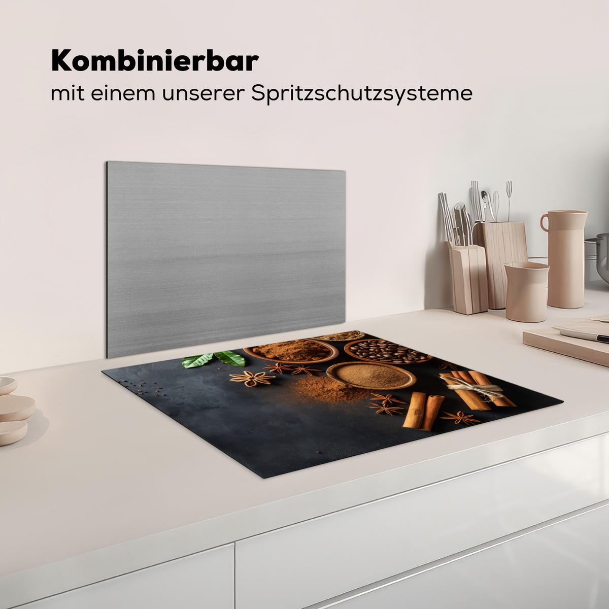 HERDABDECKPLATTE Zimt - Beton - Kaffee - Zimtstangen - Gewürze Herdabdeckung Induktionsfeld 65x52 cm - Mokka, Kunststoff (65/52/0.2cm) - MuchoWow