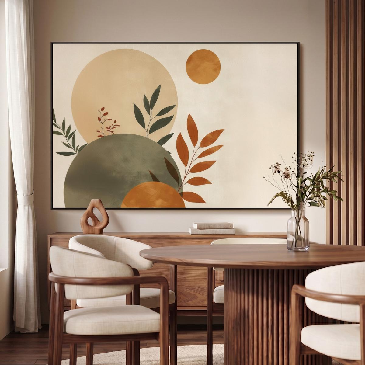 LEINWAND Bilder mit Rahmen - Formen - Rund - Blätter - Beige - 140x90 - Rostfarben, Textil (140/90cm) - MuchoWow