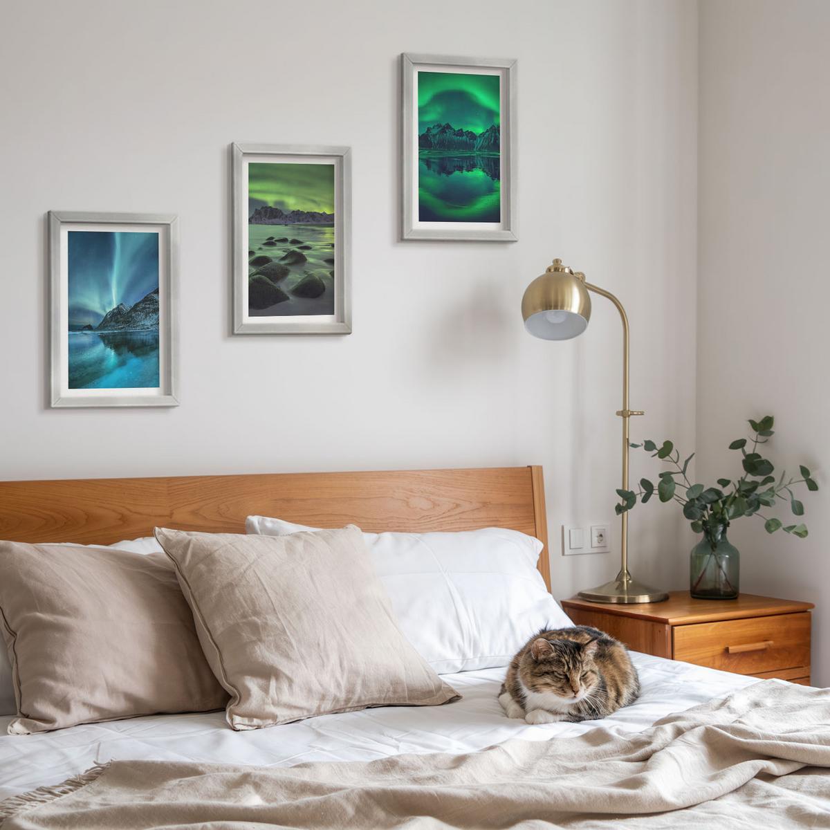 BILDER SET 3er Set - 20x30 cm Silberner Rahmen - Winterlandschaft der Aurora borealis - Silberfarben, Kunststoff (20/30cm) - TULUP