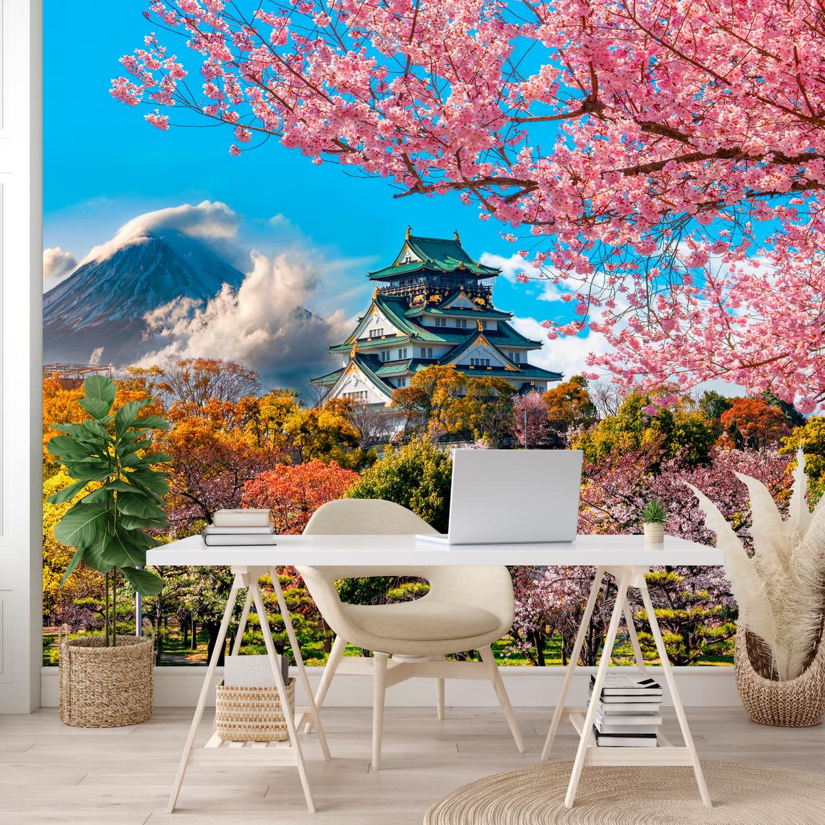 FOTOTAPETE für Wohnzimmer Kirschblüten Osaka Burg Japan Berge Bäume 350x256 - Gelb/Rosa, Papier (350/256cm) - Muralo