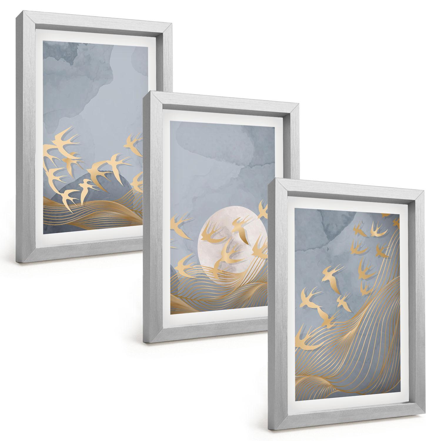 BILDER SET 3er Set - 20x30 cm Silberner Rahmen - Vögel, die am Himmel fliegen - Silberfarben, Kunststoff (20/30cm) - TULUP