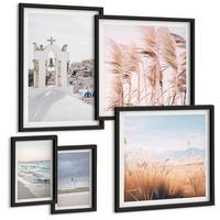 BILDER SET 5er Set - 50x50 cm & 20x30 cm & 40x60 cm Schwarzer Rahmen - Pflanzen, Meereswellen, Aussicht, Häuser - Schwarz, Kunststoff (40/60cm) - TULUP