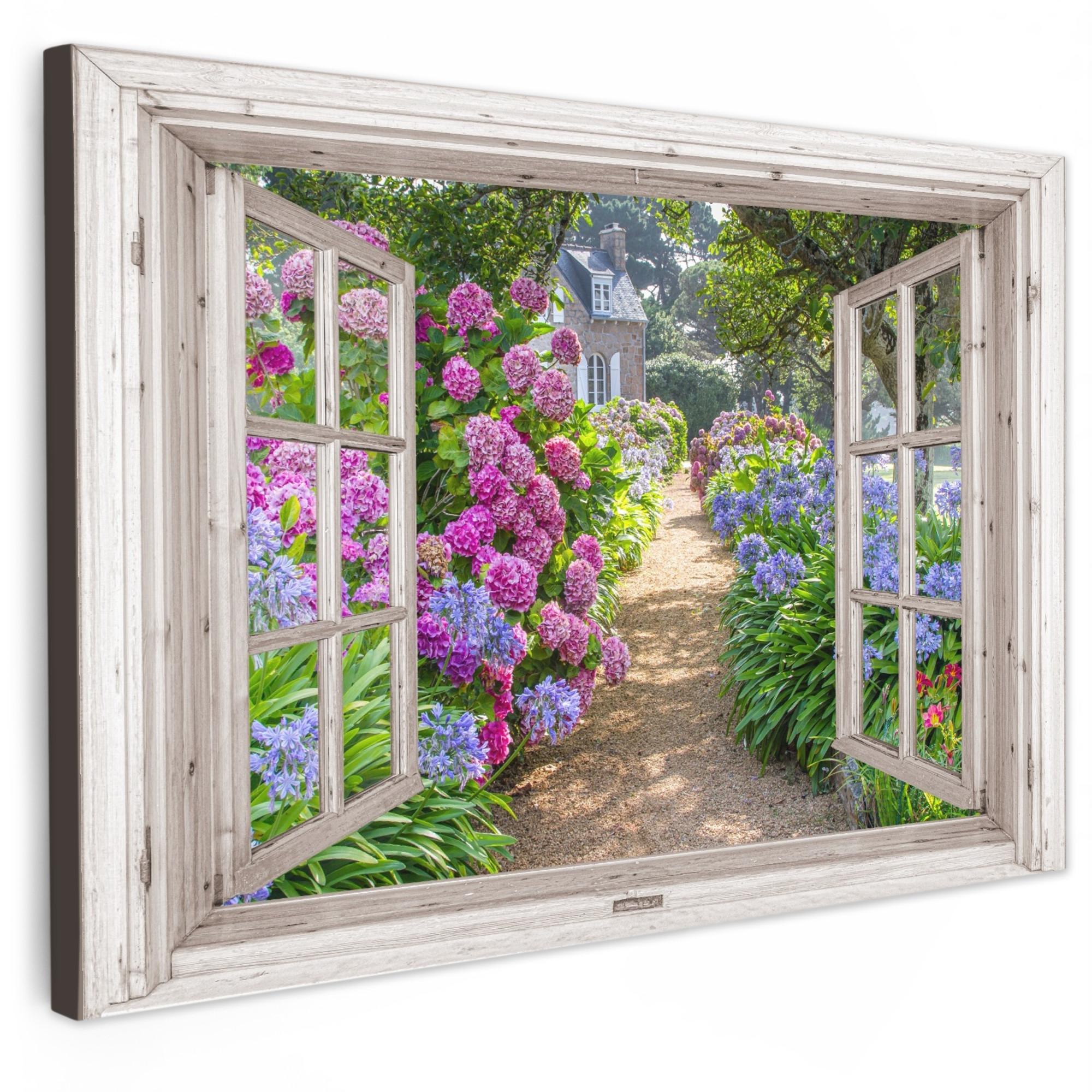 LEINWANDBILD Hortensie - Durchsichtig - Blumen - Sommer - Lila - Weg XXL 150x100 cm - Lila, Textil (150/100cm) - MuchoWow