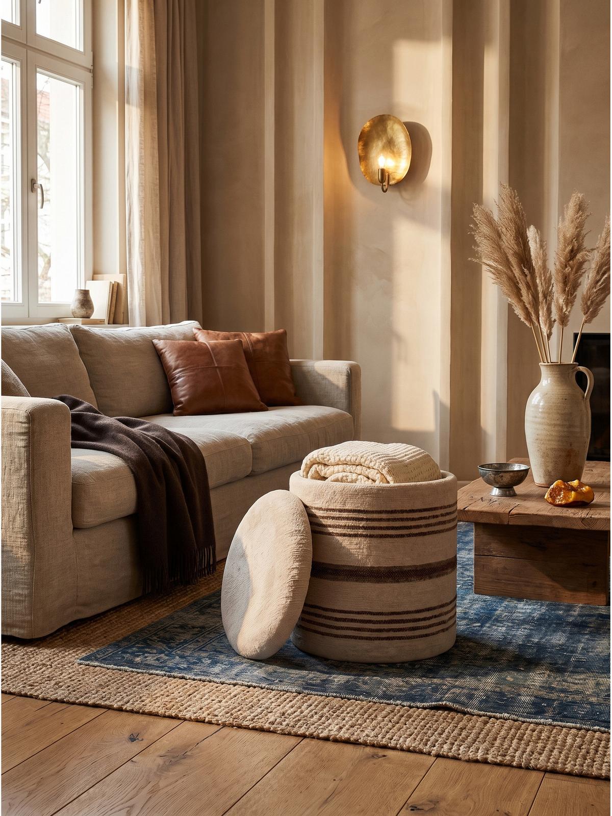 SITZHOCKER RHONE, Stoff, mit Textilbezug, Beige-Braun, Ø 40 x 45 cm - Beige, Textil (40/45/40cm) - KADIMA DESIGN