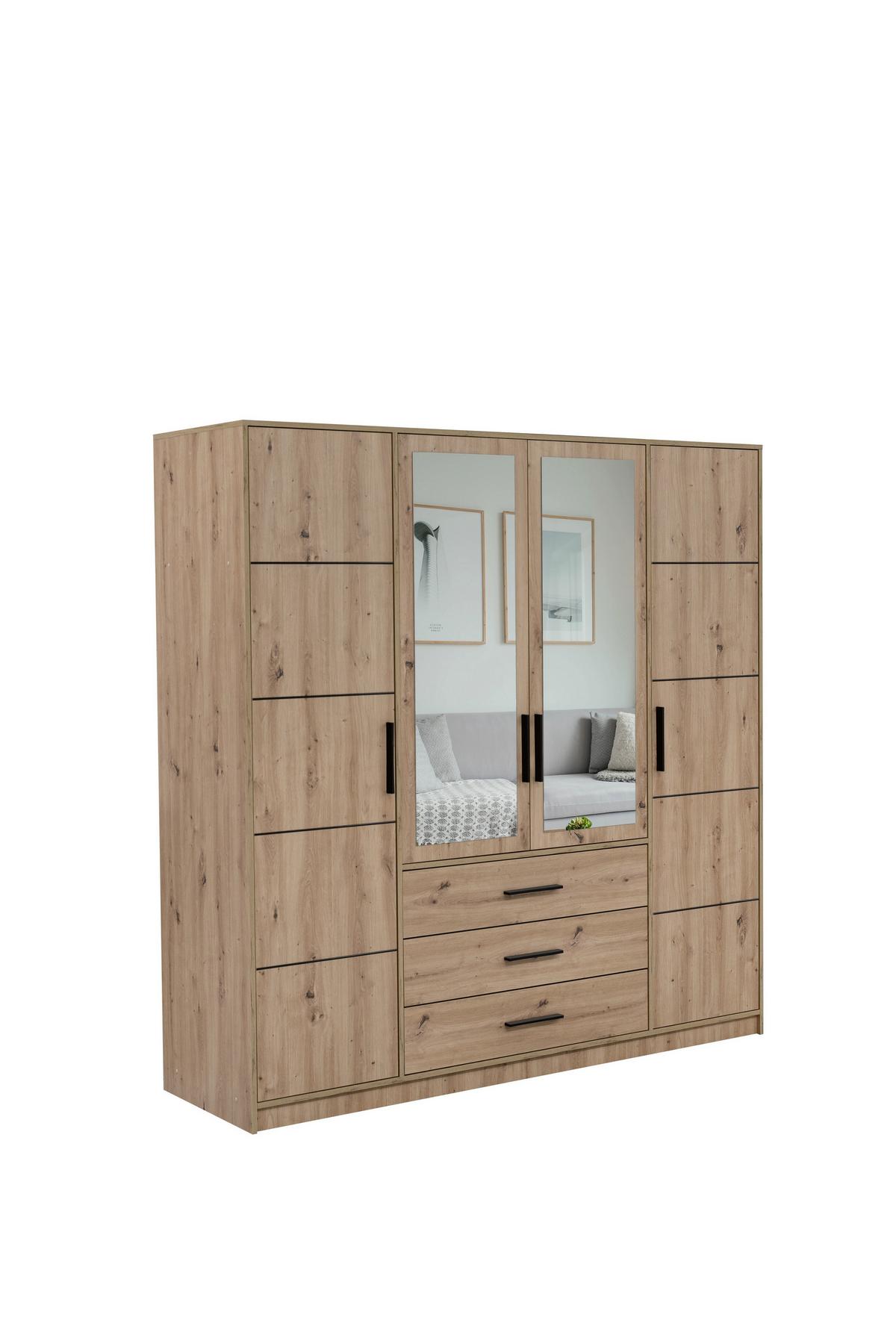 DREHTÜRENSCHRANK FIORA 196/200/57,5 cm 4-türig mit Spiegel Eiche Artisan - Eiche Artisan, Holzwerkstoff (196/200/57.5cm) - MASSENO