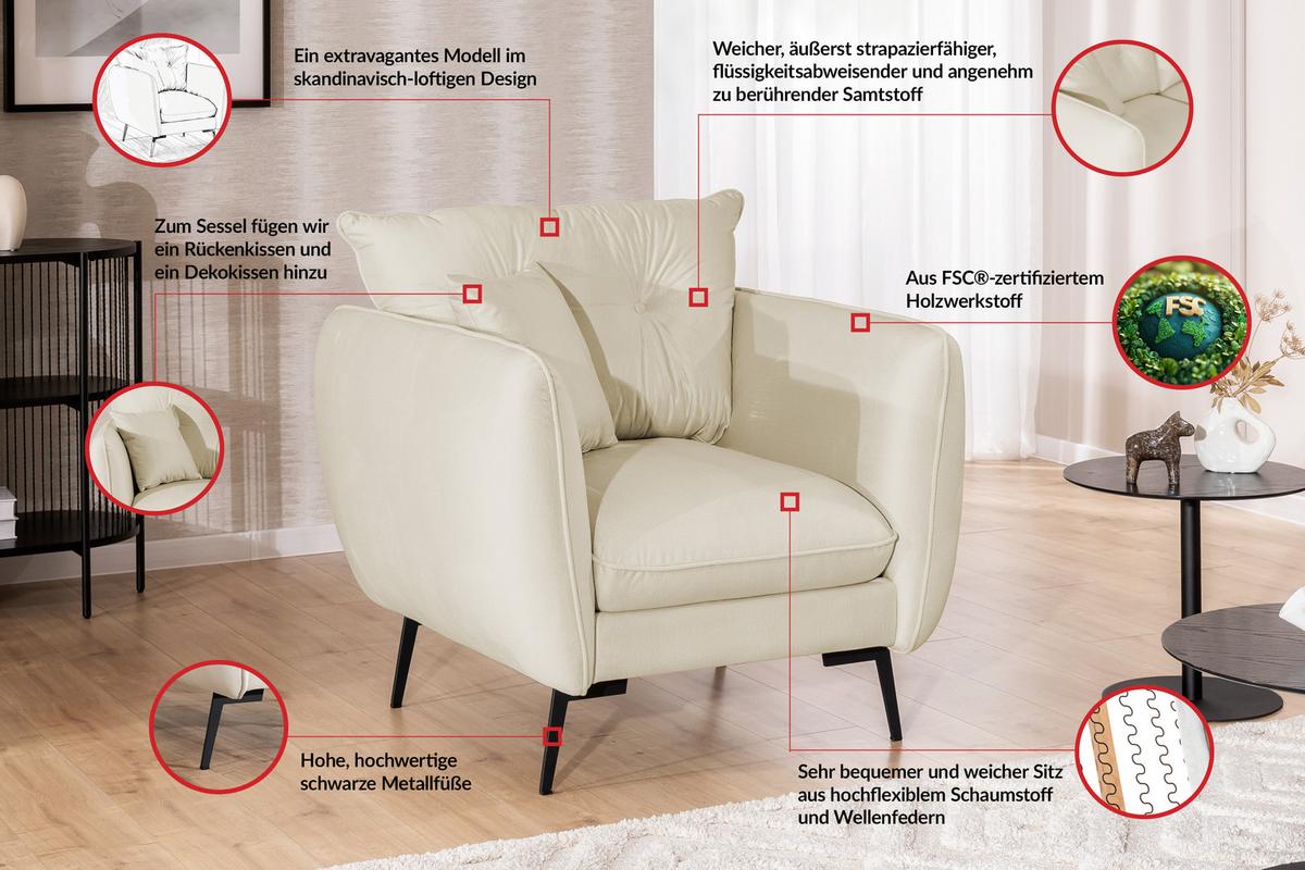 SESSEL Nordloft Beige Samt - Beige/Schwarz, Holz/Textil (101/86/100cm) - S-Style Möbel