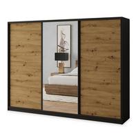 SCHWEBETÜRENSCHRANK SORE 250/205/58 cm 3-türig mit Spiegel und Schubladen Schwarz / Eiche Artisan - Schwarz/Eiche Artisan, Holzwerkstoff (250/205/58cm) - MASSENO
