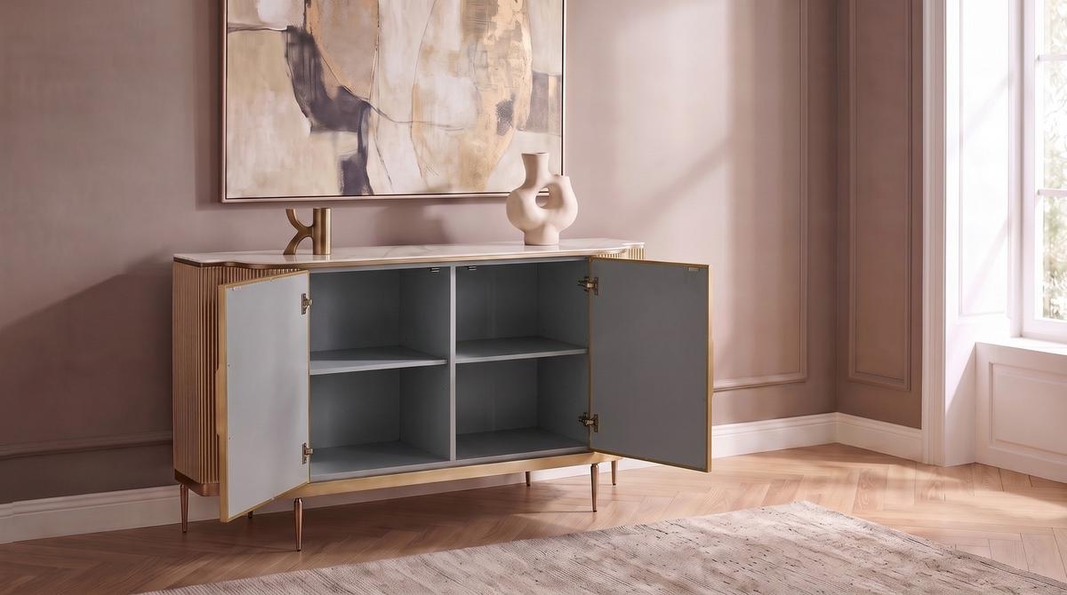 SIDEBOARD LEOLA Cremeweiß Holz - Goldfarben/Creme, Holz/Metall (180/200cm) - KAWOLA