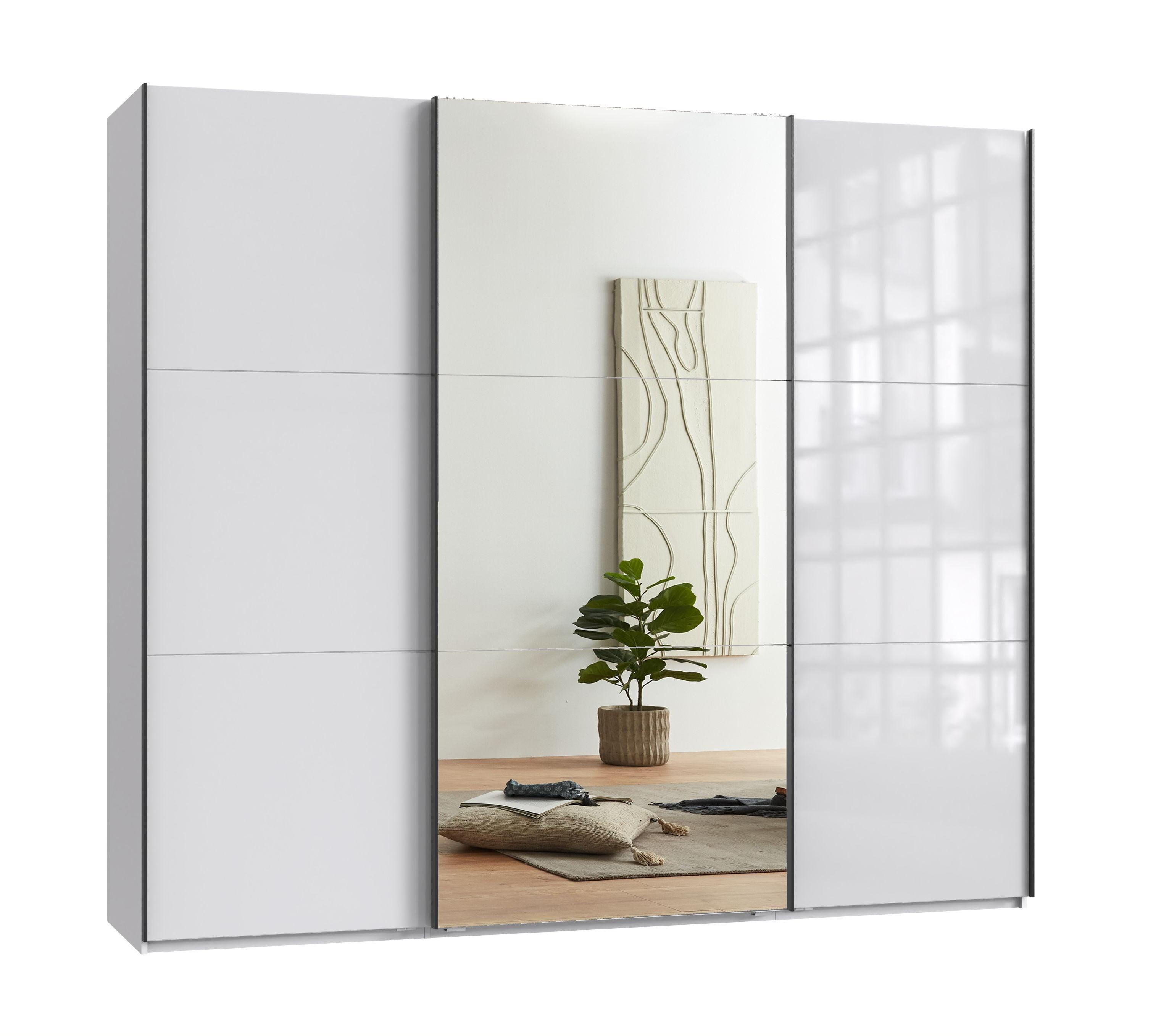 SCHWEBETÜRENSCHRANK 3-türig B250/H216/T65 cm in Weiß mit Glasfront, eine Spiegeltür, Kleiderschrank inkl. Vollausstattung / 22033 - Eichefarben/Weiß, Holzwerkstoff/Metall (250/216/65cm) - luma-home