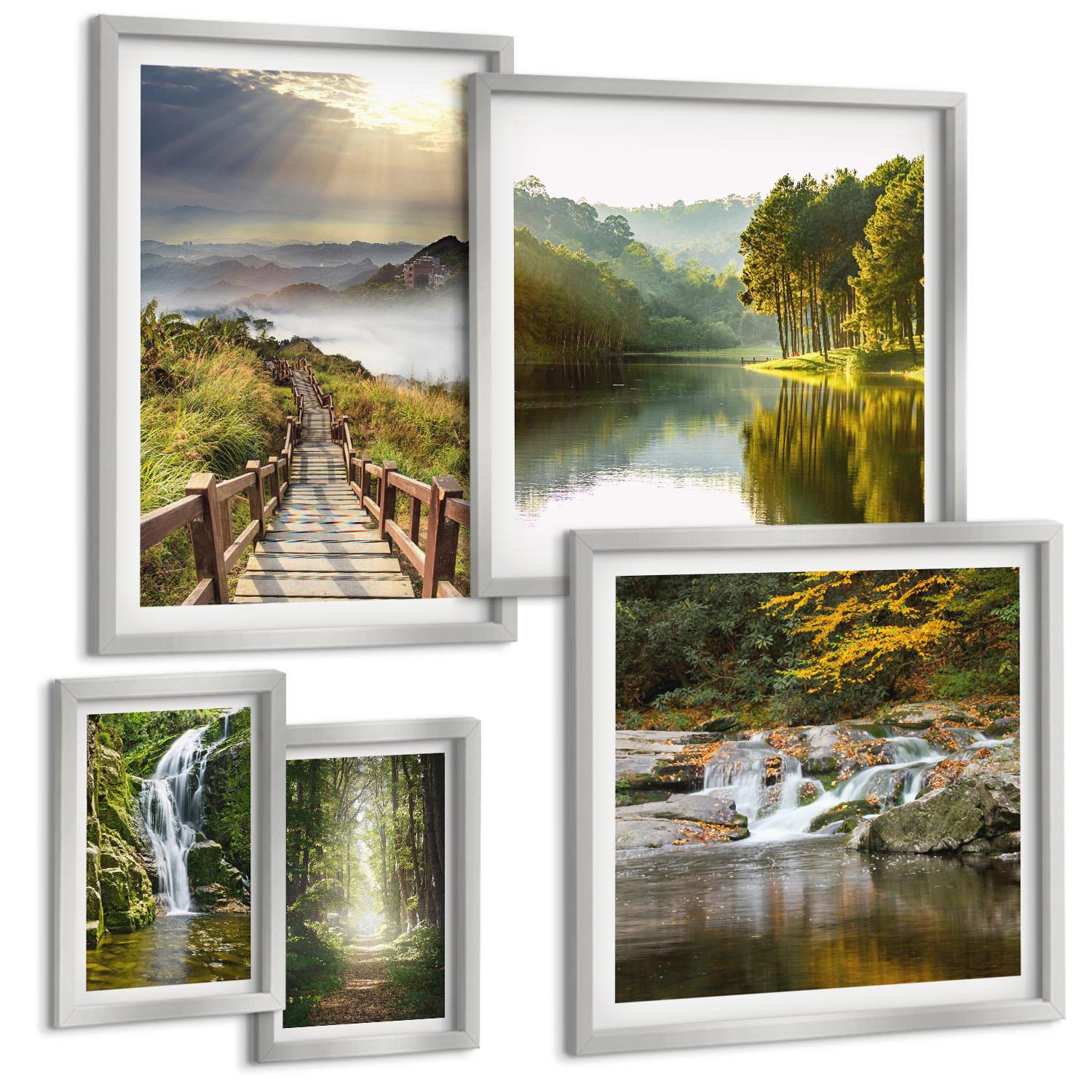 BILDER SET 5er Set - 50x50 cm & 20x30 cm & 40x60 cm Silberner Rahmen - Grüne Blätter von eleganten Sukkulenten - Silberfarben, Kunststoff (40/60cm) - TULUP
