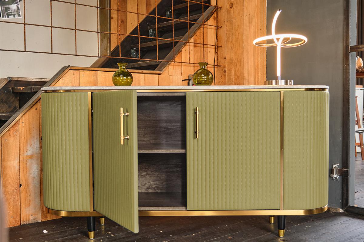 SIDEBOARD MARIA Grün Marmor, Kunstleder - Schwarz/Olivgrün, Stein/Metall (150/76/40cm) - KAWOLA