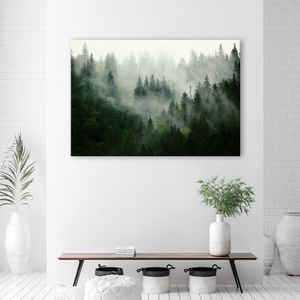 BILD Wald im Nebel 120x80cm - Grün, Textil (120/80cm) - Feeby