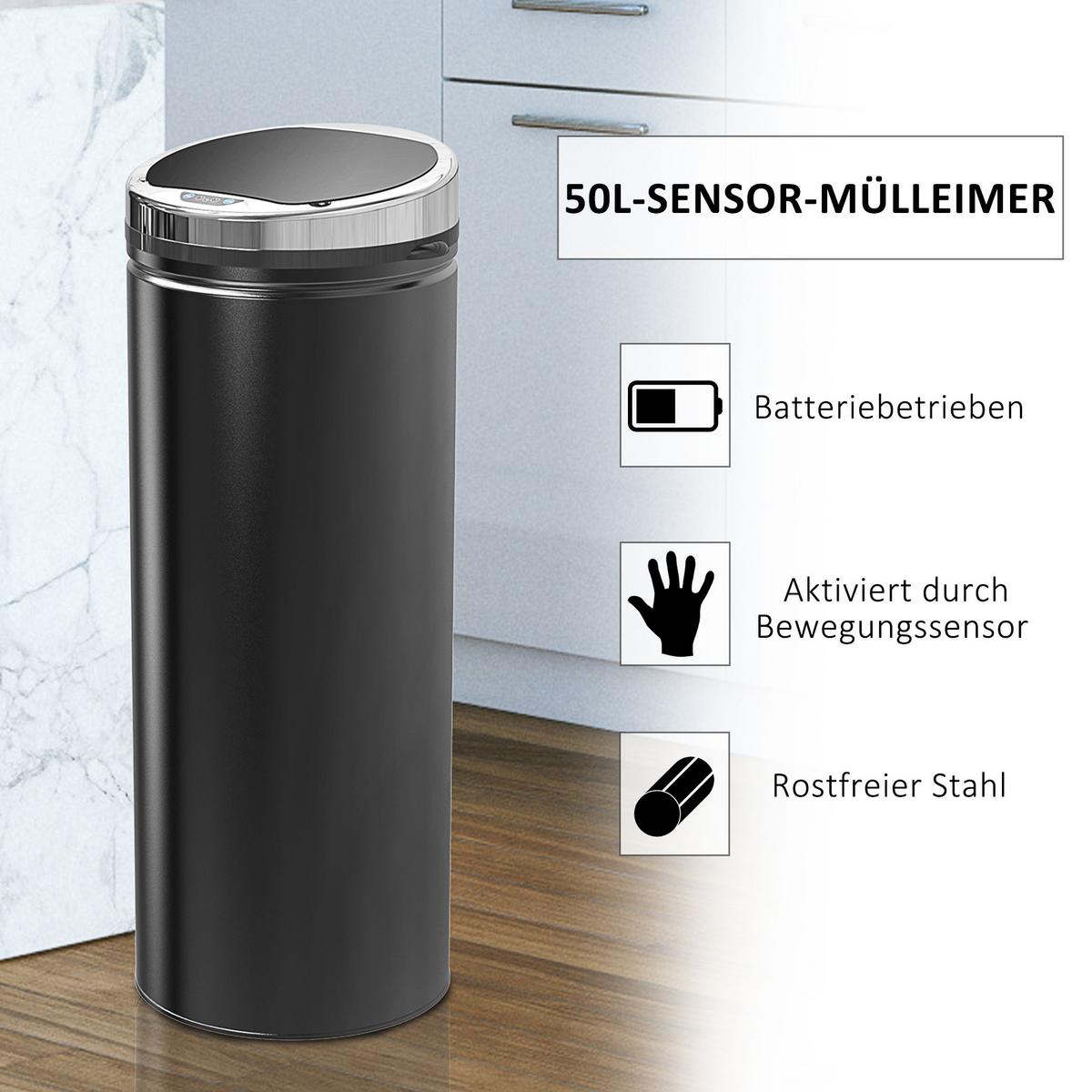 SENSOR Mülleimer 50L Automatischer Abfalleimer für Wohnzimmer, Büro, Schwarz - Schwarz, Metall (30.5/81.5/30.5cm) - HOMCOM