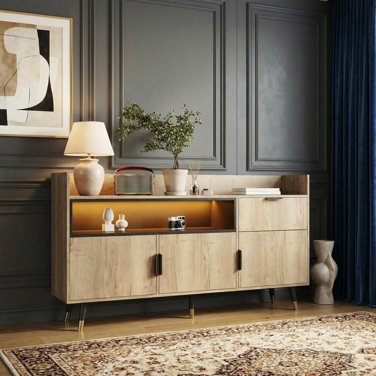SIDEBOARD 160 cm Naturholz & Schwarz mit offenem Regal, Schublade & Türen im modernen Stil - Naturfarben, Holzwerkstoff (160/82/35cm) - Urban Meuble