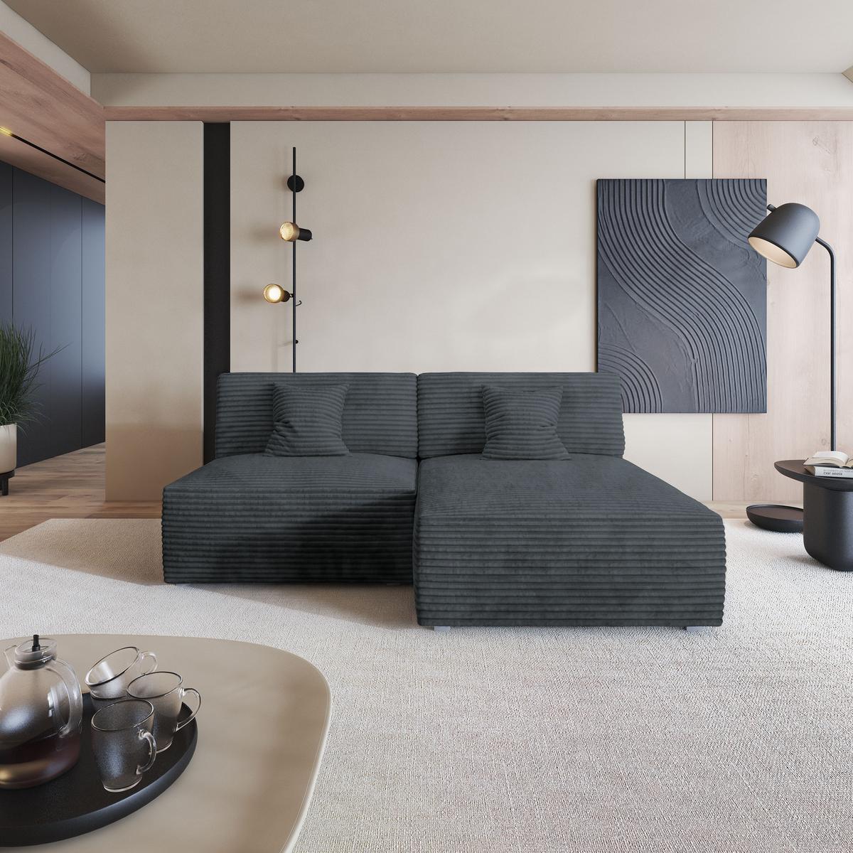 ECKSOFA FIORO Grau Kordstoff mit Schlaffunktion - Grau, Holz (204/148cm) - MASSENO
