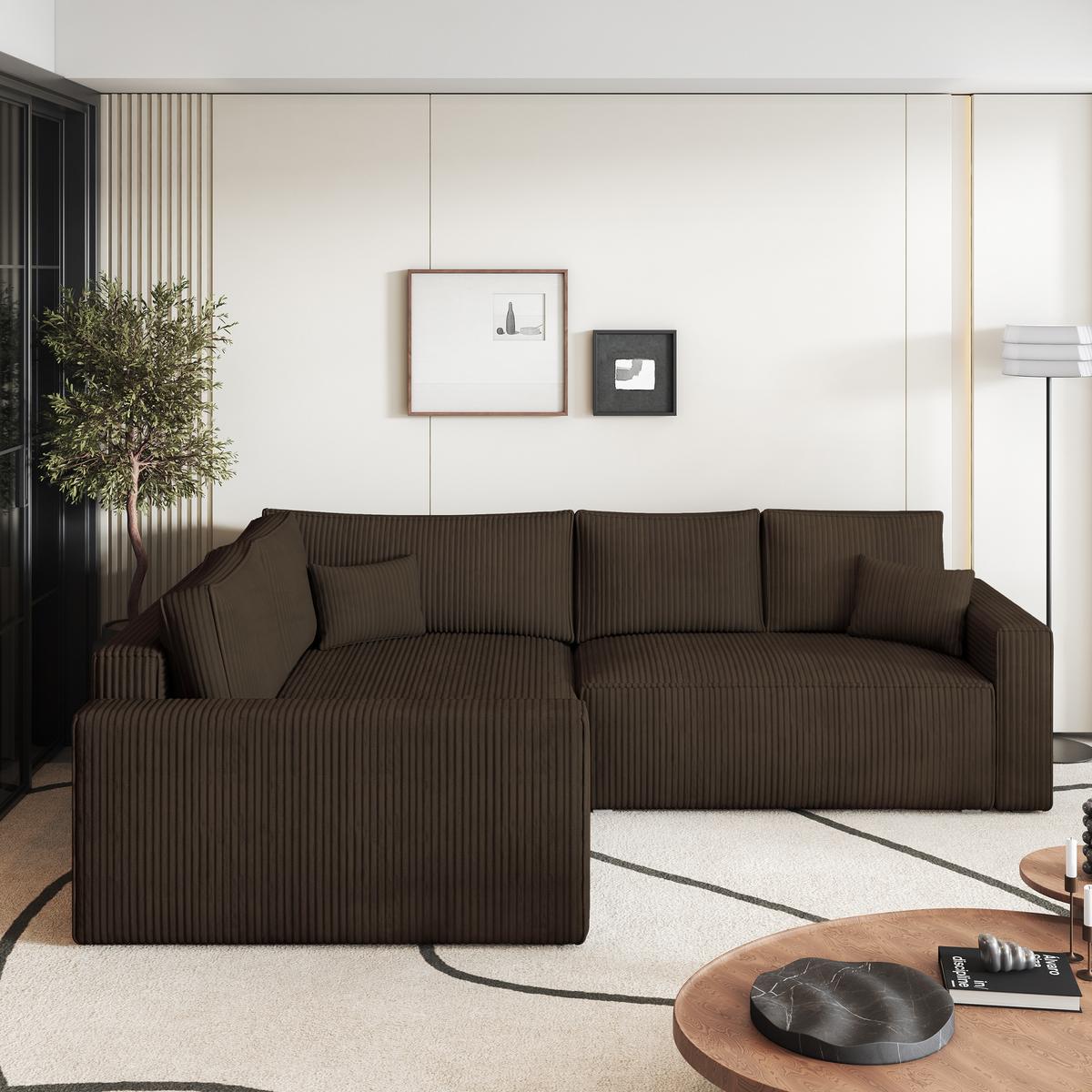 ECKSOFA ERONIS L-S Braun Kordstoff mit Schlaffunktion - Braun, Holz (265/194cm) - MASSENO