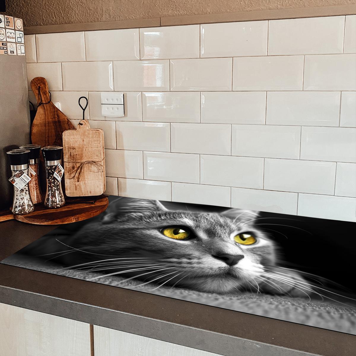 HERDABDECKPLATTE Katze - Grau - Tiere - Katze Induktionsschutz 89.6x51.6 cm - Grau, Kunststoff (89.6/51.6/0.2cm) - MuchoWow