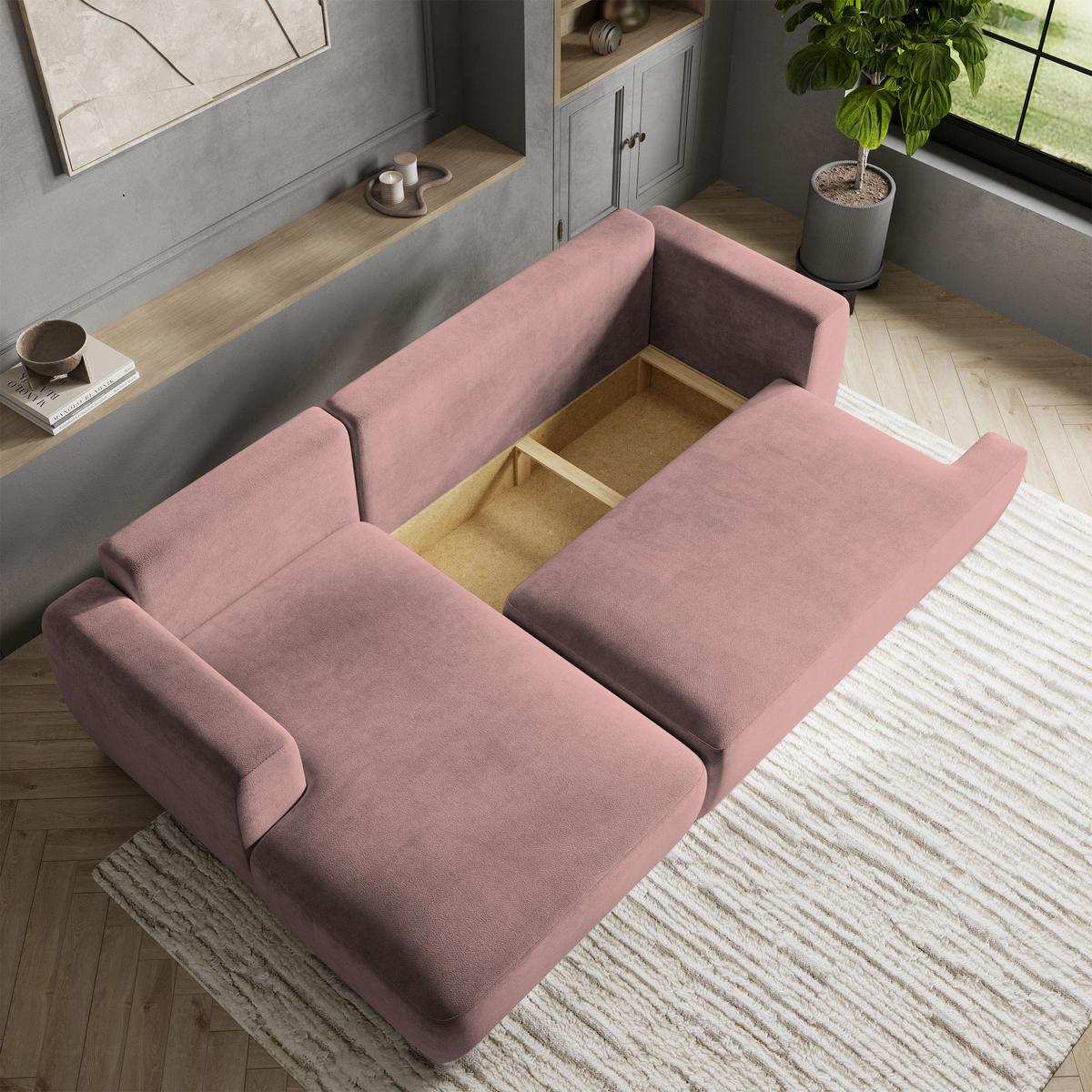ECKSOFA SENTI K L-S Rosa Plüsch-Stoff mit Schlaffunktion - Schwarz/Rosa, Holz/Kunststoff (246/148cm) - MASSENO