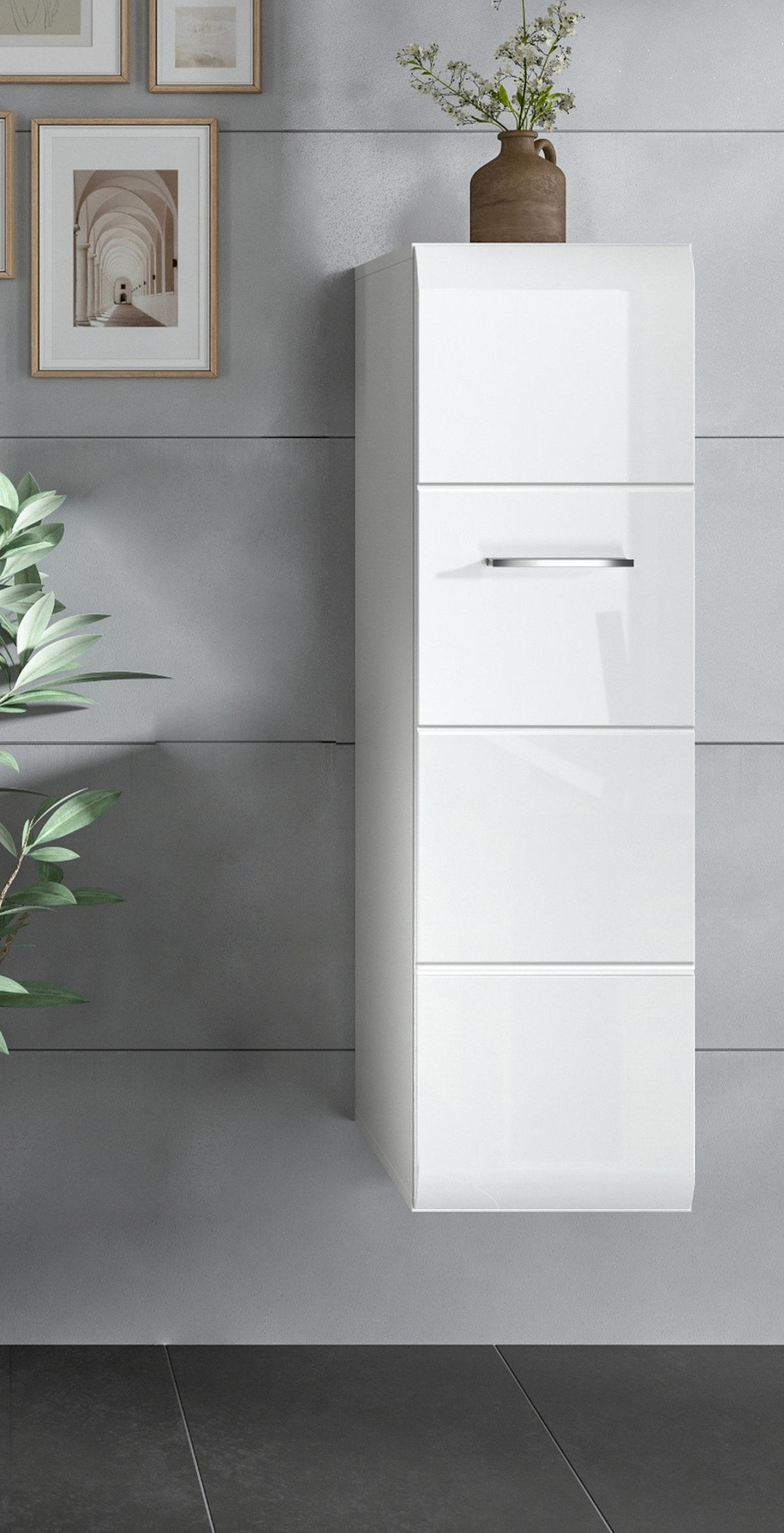 BADKOMMODE weiß Hochglanz 30 x 106 cm, Badezimmer Midischrank hängend oder stehend - Weiß Hochglanz/Silberfarben, Holzwerkstoff/Kunststoff (30/106/30cm) - Inn.Furn
