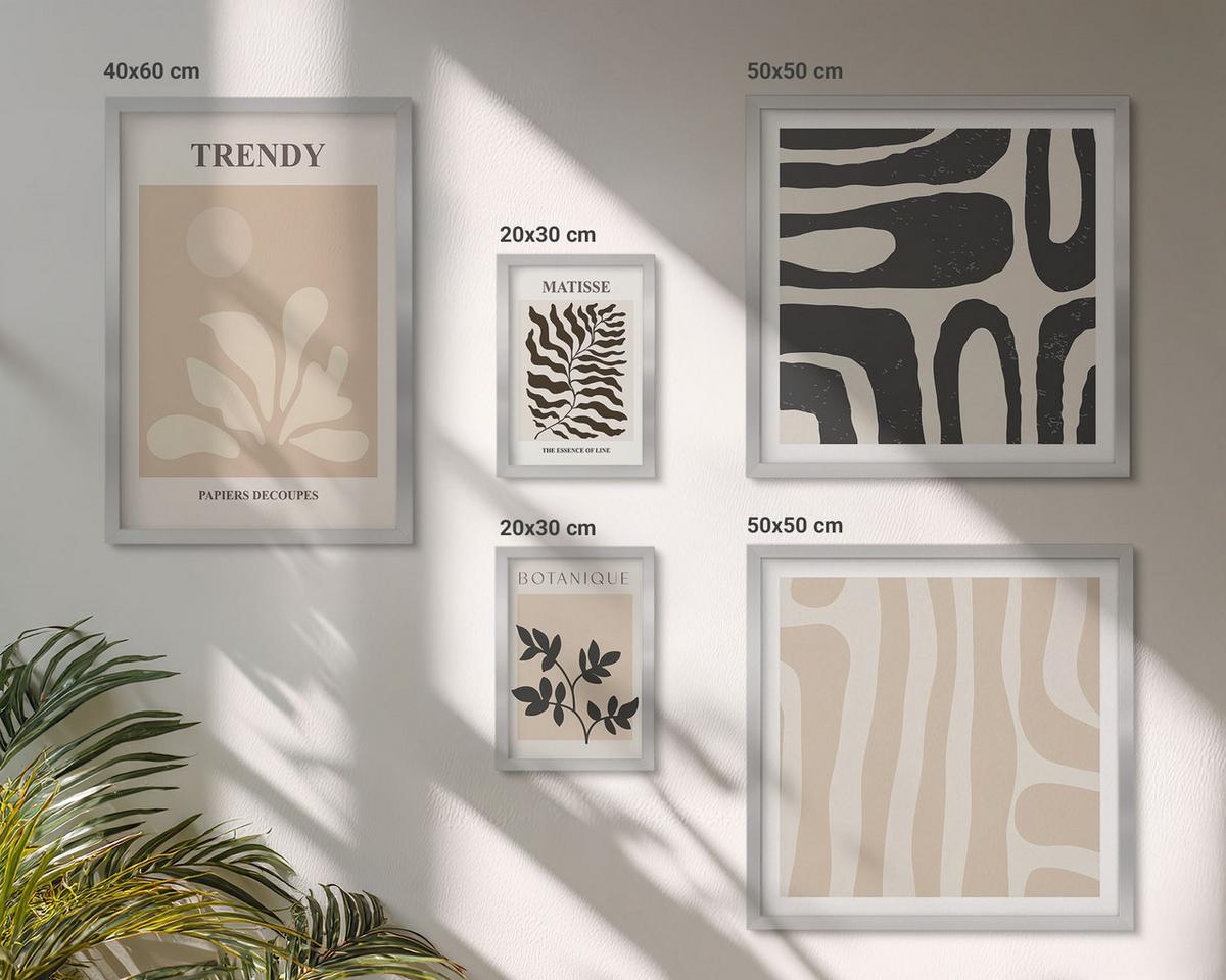 BILDER SET 5er Set - 50x50 cm & 20x30 cm & 40x60 cm Silberner Rahmen - Stilvolle Pflanzenmuster in Beige und Schwarz - Silberfarben, Kunststoff (40/60cm) - TULUP