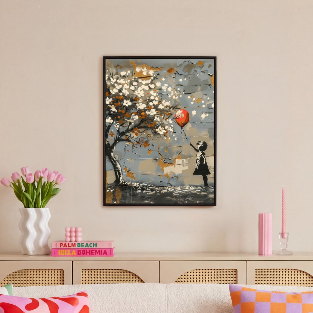LEINWAND Bilder mit Rahmen - Baum - Graffiti - Banksy-Stil - Ballon-Mädchen - 50x70 - Blaugrau, Textil (50/70cm) - MuchoWow