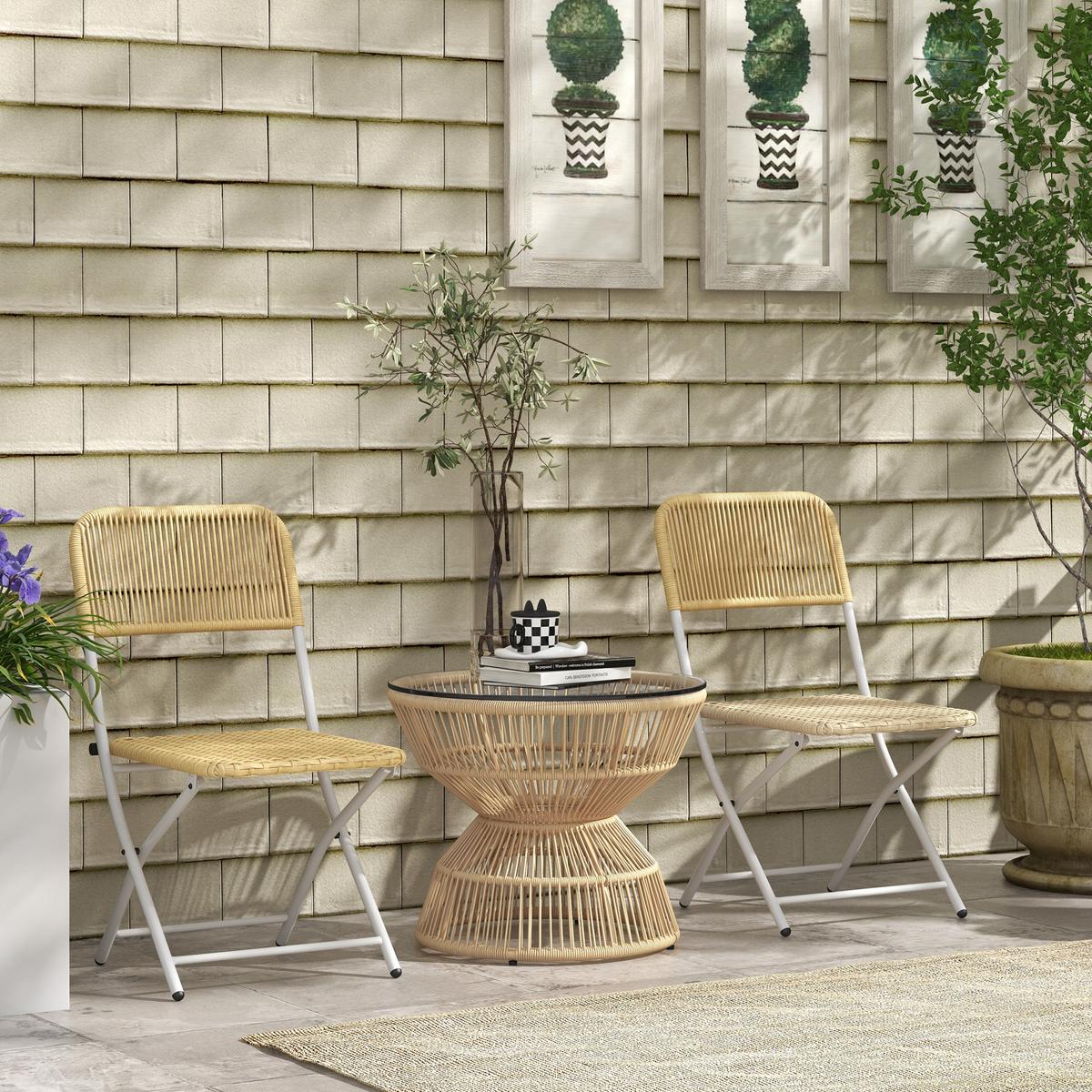 GARTENTISCH, Naturholz, PE Rattan, Hartglas - Braun, Kunststoff (60/60/50cm) - Outsunny