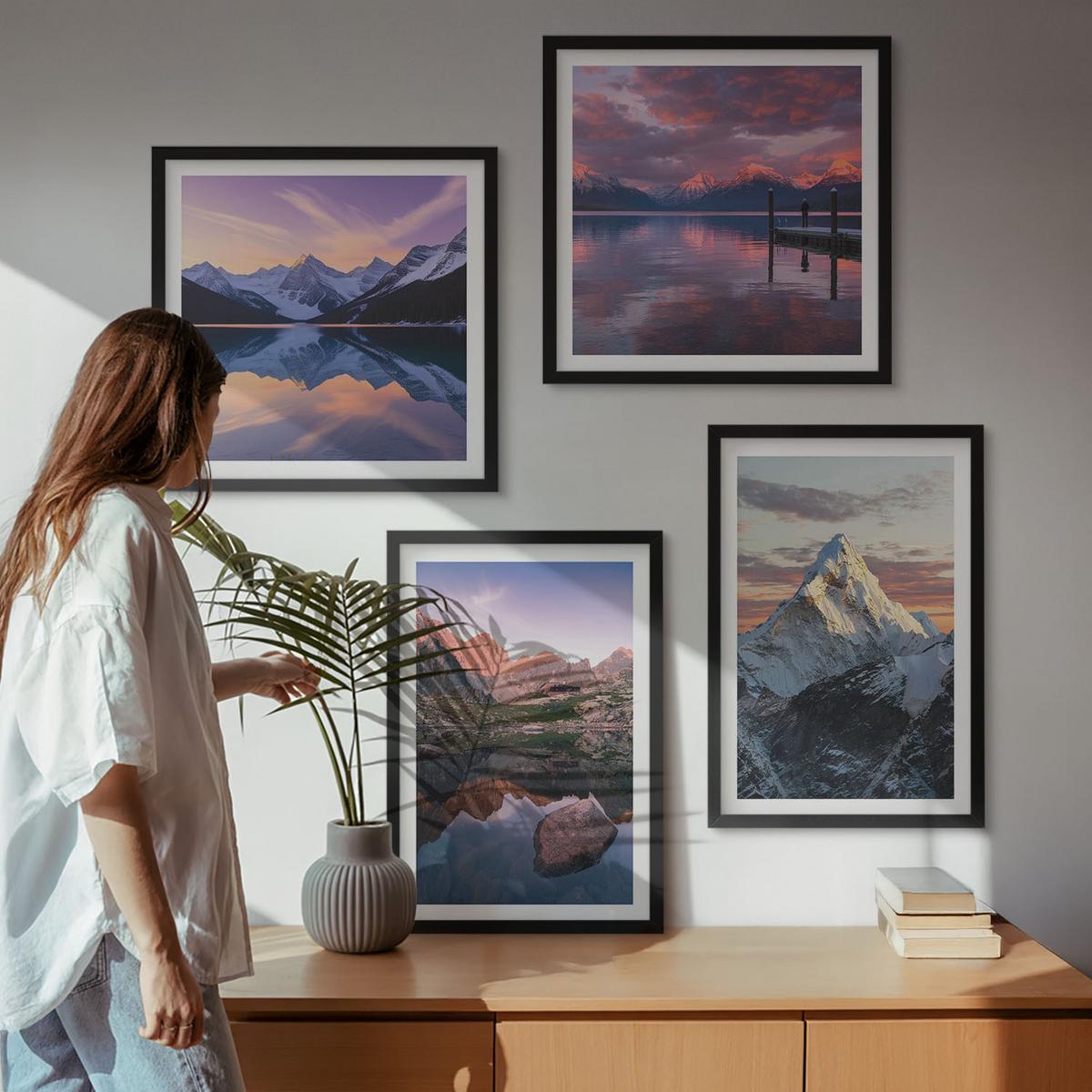 BILDER SET 4er Set - 50x50 cm & 40x60 cm Schwarzer Rahmen - Berglandschaften im Hintergrund - Schwarz, Kunststoff (50/50cm) - TULUP