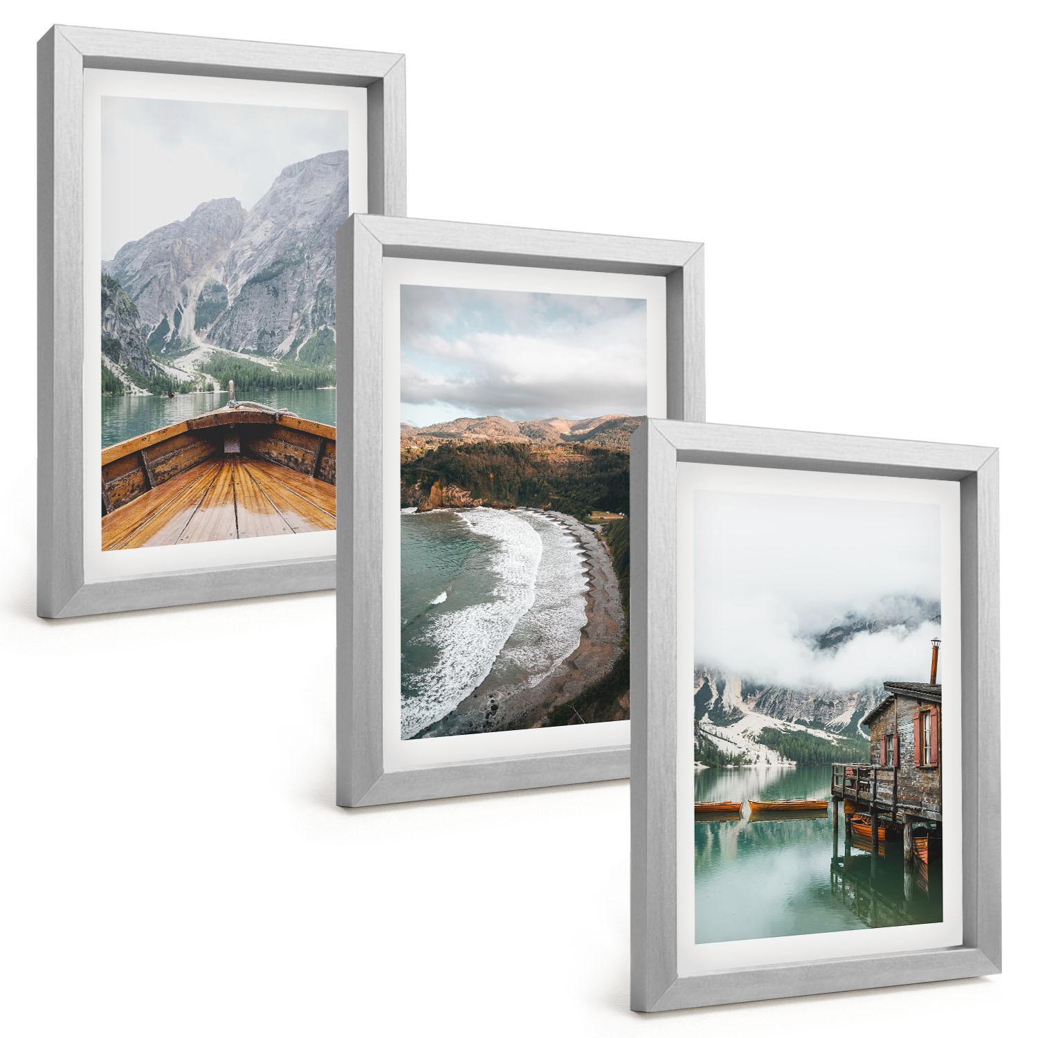 BILDER SET 3er Set - 20x30 cm Silberner Rahmen - Berge, See, Boot, Strand, Landschaft - Silberfarben, Kunststoff (20/30cm) - TULUP