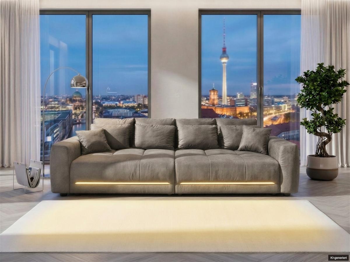BIG-SOFA Federkern B294/T136/H86 cm, RGB-LED-Beleuchtung mit Fernbedienung, Mikrofaserstoff in Hellgrau / 15416 - Hellgrau/Schwarz, Kunststoff/Textil (294/86/136cm) - luma-home