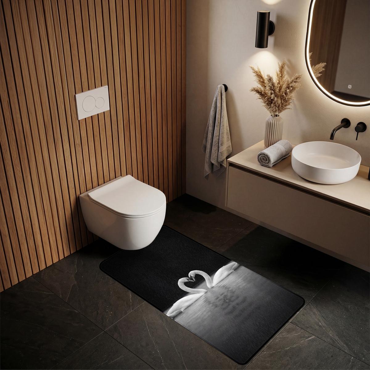BADEMATTE Schwäne - Herz - Schwarz - Weiß 60x120 cm - Schwarz, Textil (60/120cm) - OnlyWow