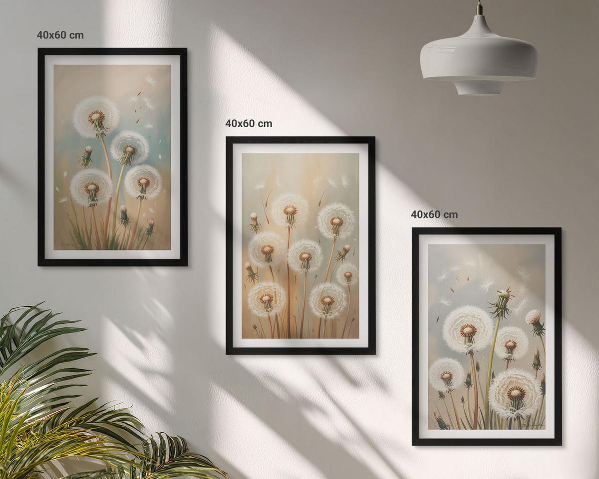 BILDER SET 3er Set - 40x60 cm Schwarzer Rahmen - Pastellfarbene Löwenzahnblüten - Schwarz, Kunststoff (40/60cm) - TULUP