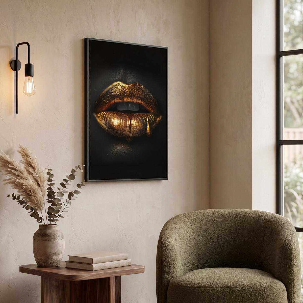 LEINWAND Bilder mit Rahmen - Frau - Porträt - Lippen - Gold - Schwarz - 50x70 - Schwarz, Textil (50/70cm) - MuchoWow