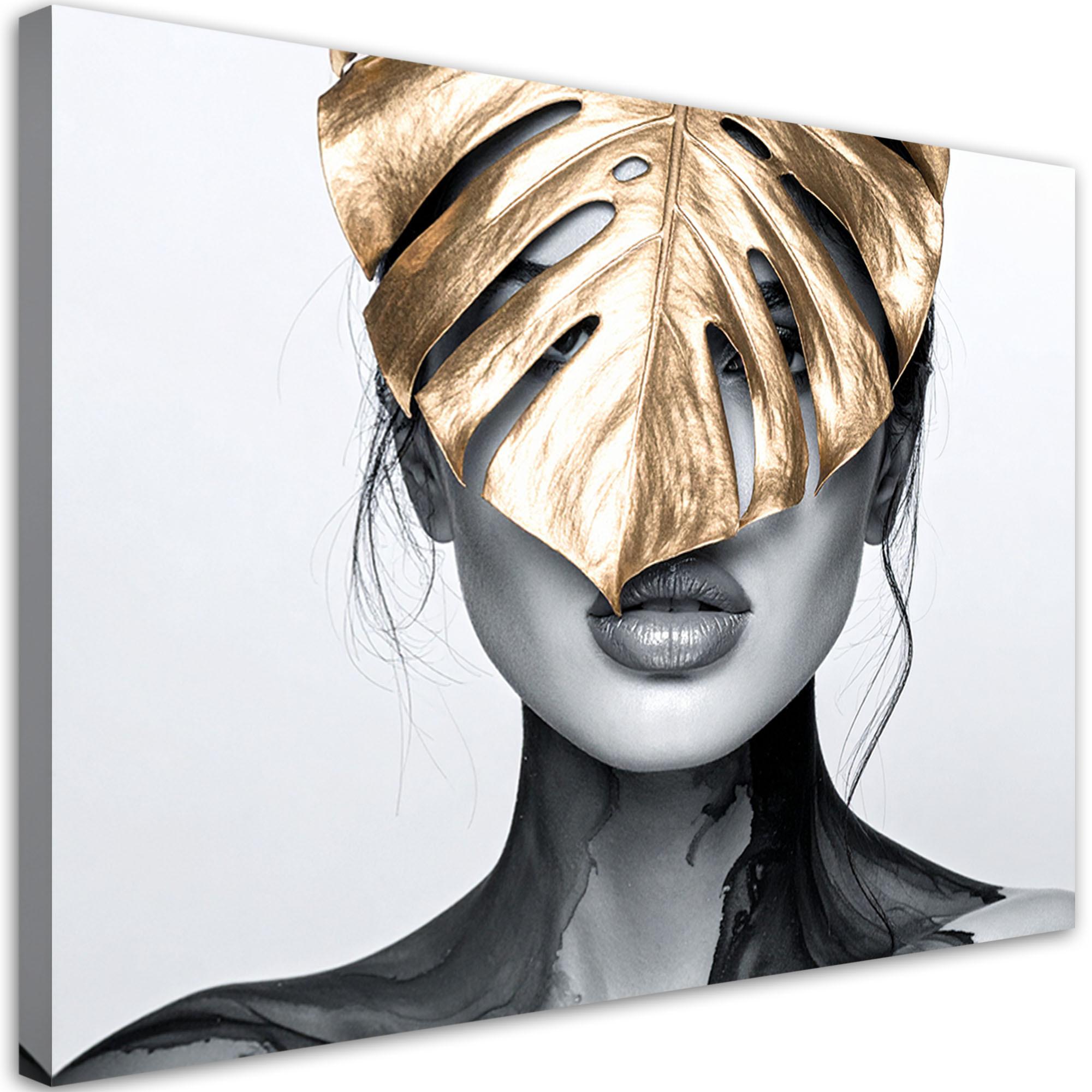 LEINWANDBILD Porträt einer Frau und ein goldenes Monstera-Blatt 100x70cm - Grau, Textil (100/70cm) - Feeby