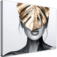 LEINWANDBILD Porträt einer Frau und ein goldenes Monstera-Blatt 100x70cm - Grau, Textil (100/70cm) - Feeby