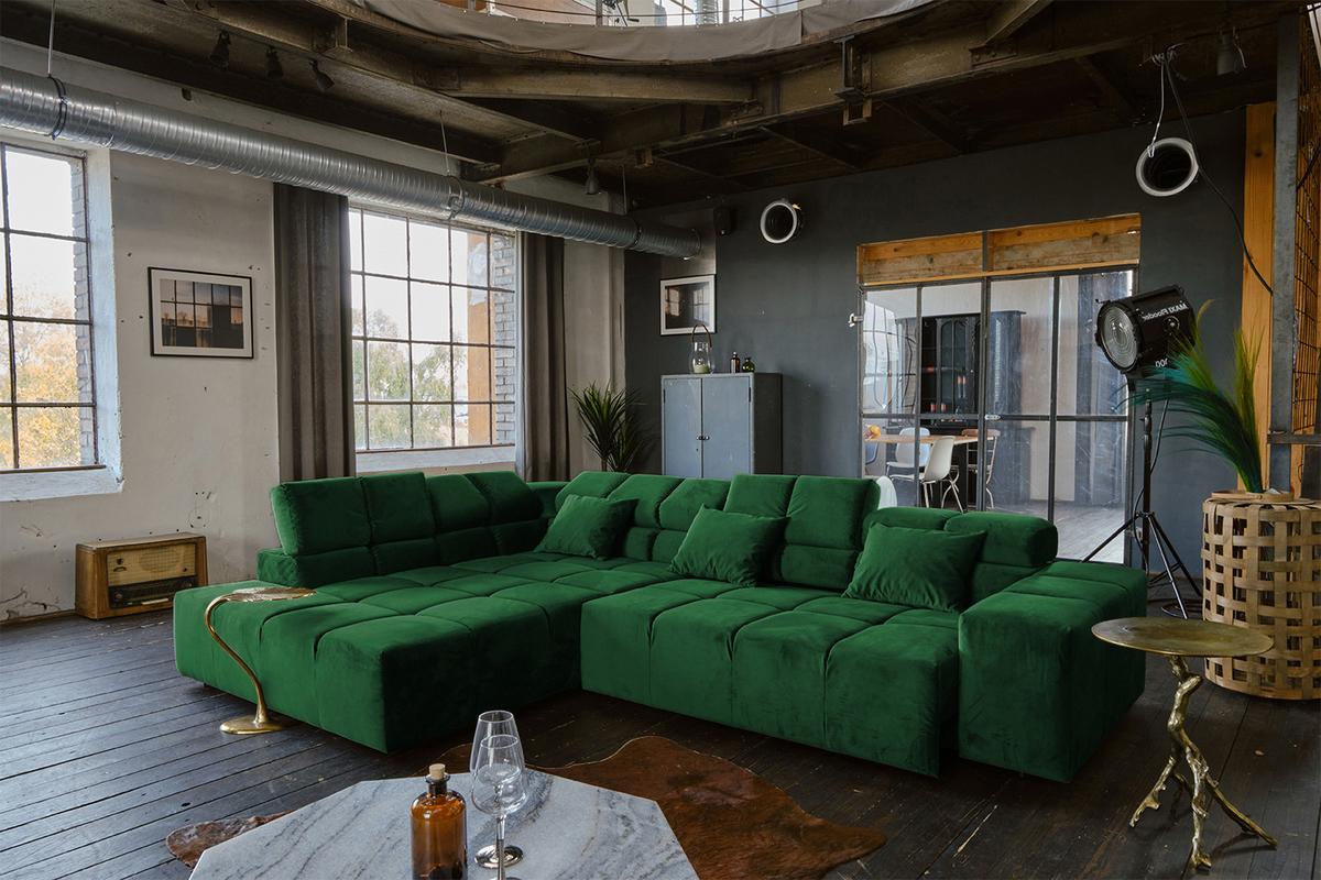 ECKSOFA MIT MOTORISCHEM SITZVORZUG NEVADA Smaragdgrün Velvet Relaxfunktion - Smaragdgrün/Schwarz, Textil (319/215cm) - KAWOLA