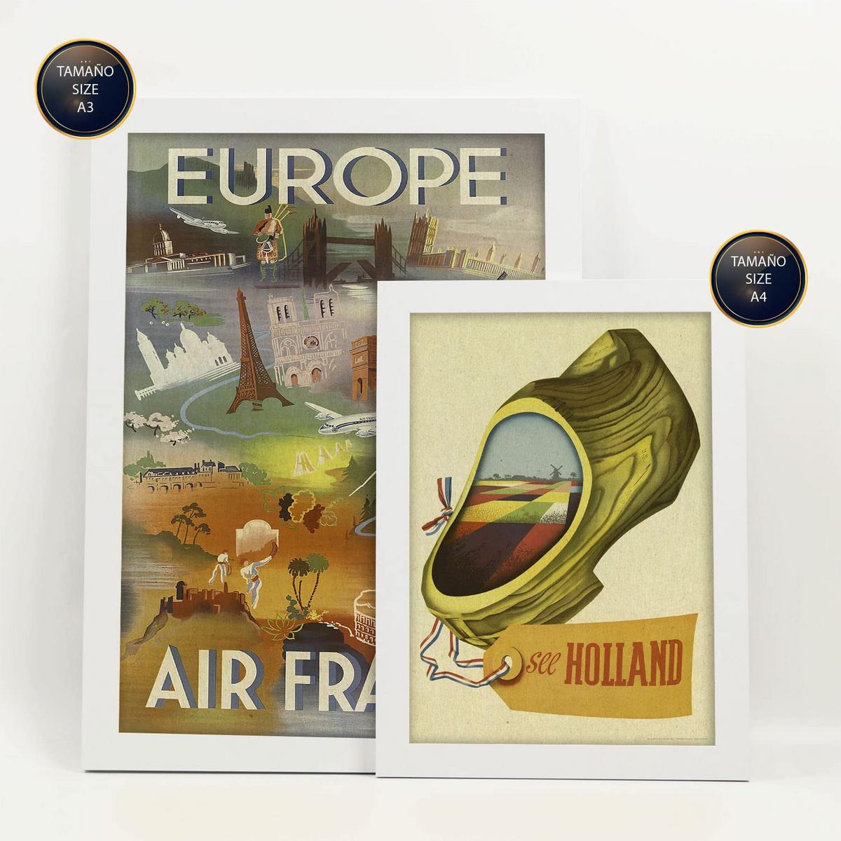 POSTER Set Mit 6 Europäische Länder Vollfarbige Illustrationen Von Vintage Tourismus Werbetafeln Aus Der Ganzen Welt A3 & A4 Weißer Rahmen - Weiß, Papier (29/3cm) - Nacnic