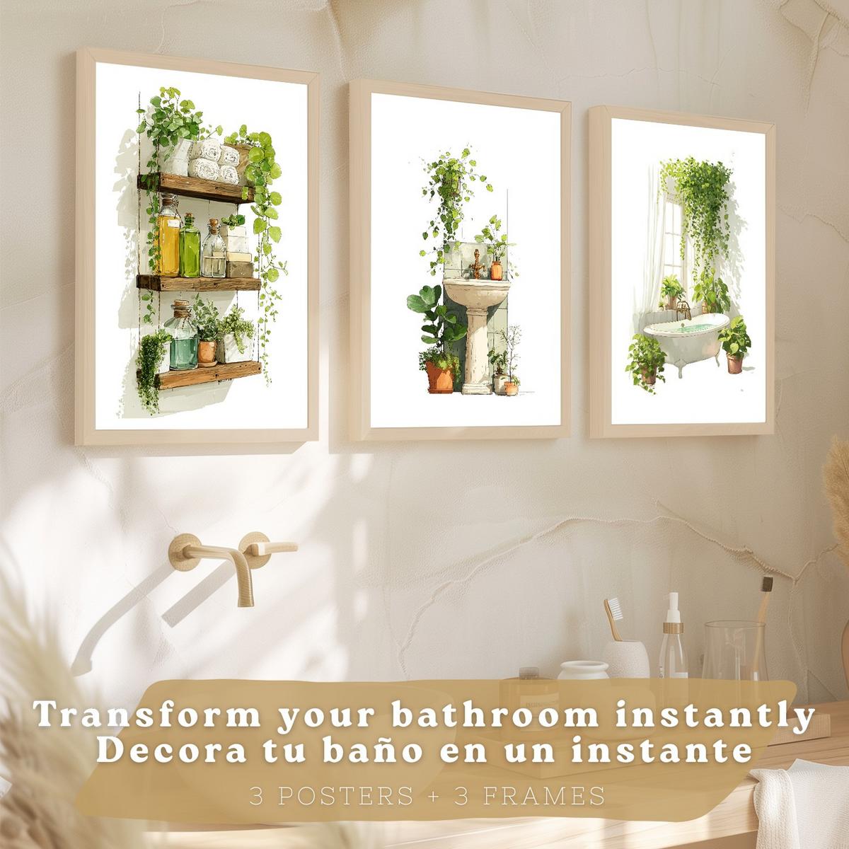 POSTER 3er-Set dekorative Badezimmerbilder, Wanddeko, im botanischen Stil, für Toilette, grüne Pflanzen Leichter Holzrahmen A3 - Beige, Papier (42/29.7/3cm) - Nacnic