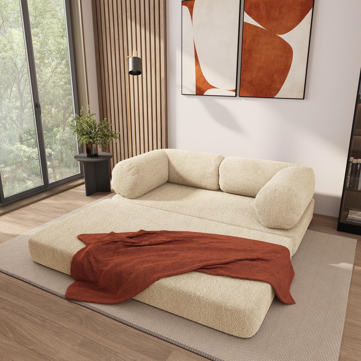BETTSOFA EIREN aus Schaumstoff Bucle-Stoff Creme Schlaffunktion - Creme, Textil (170/68/80cm) - MASSENO