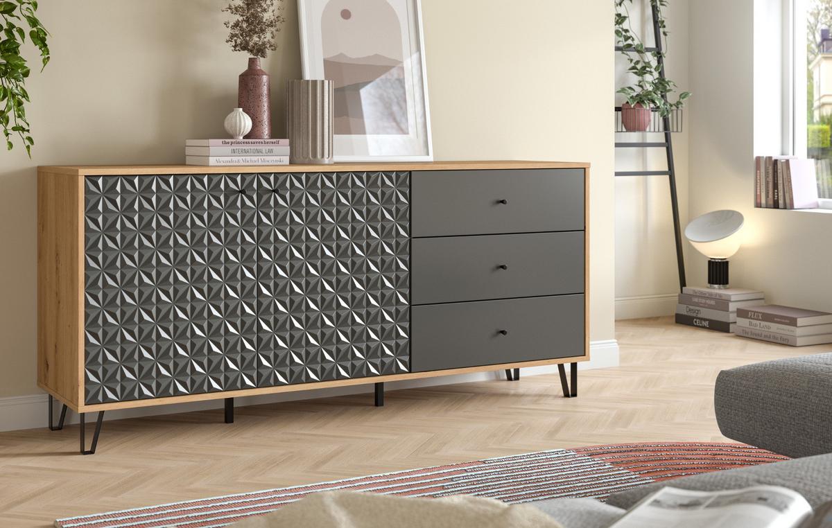 SIDEBOARD grau, Eiche Artisan 169 x 76 cm, Kommode mit 3D-Struktur - Schwarz/Eiche Artisan, Holzwerkstoff/Kunststoff (169/76/40cm) - Inn.Furn