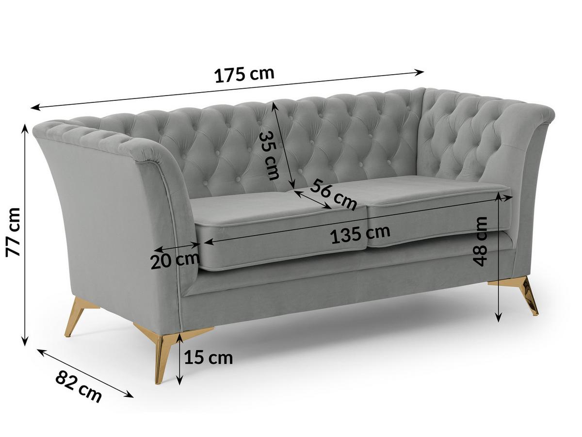 CHESTERFIELD-SOFA 2-sitzer Whitby Grau Samt mit goldenen Füßen - Goldfarben/Grau, Holz/Textil (175/78/82cm) - S-Style Möbel