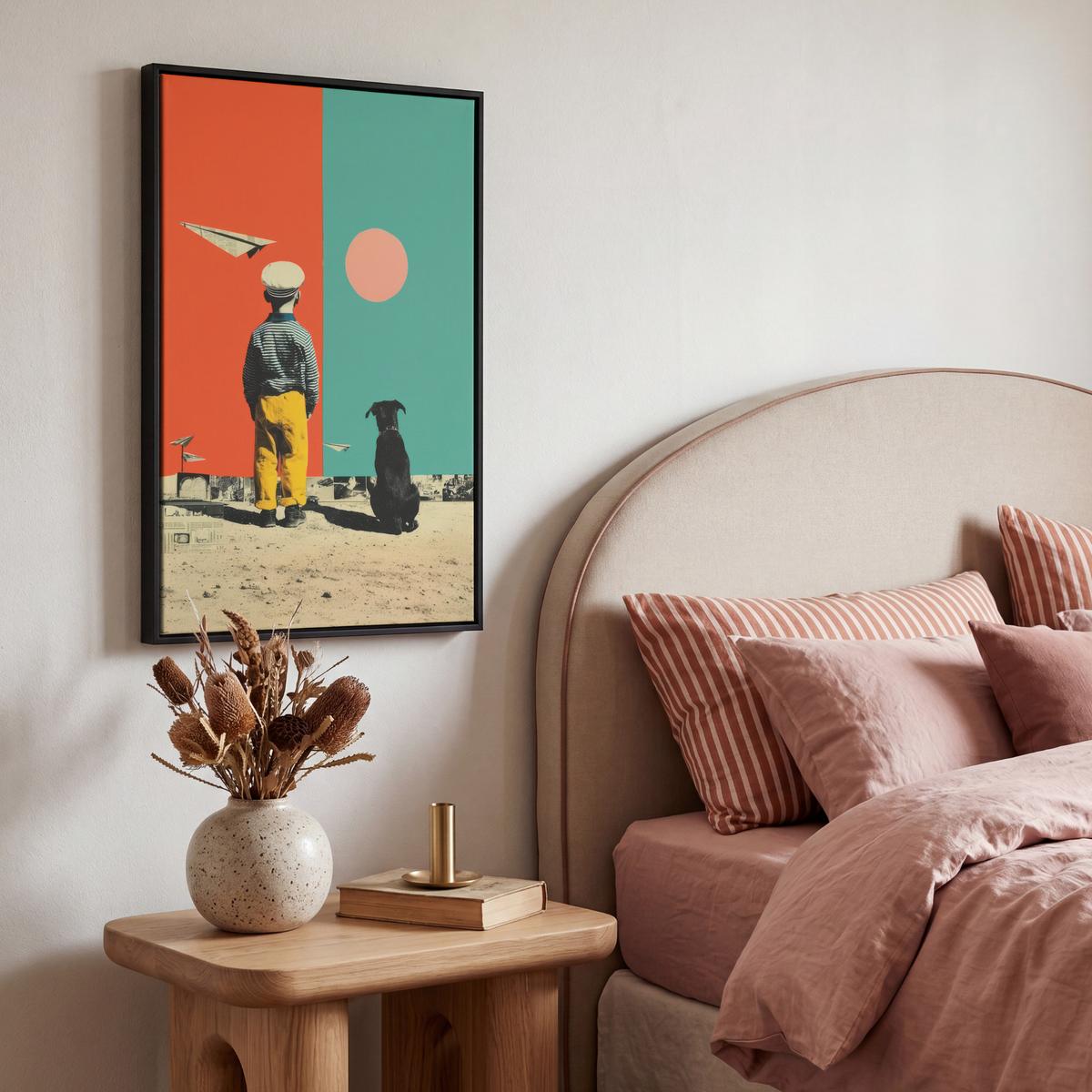 LEINWAND Bilder mit Rahmen - Retro - Junge - Hund - Rot - Grün - 40x60 - Orange, Textil (40/60cm) - MuchoWow