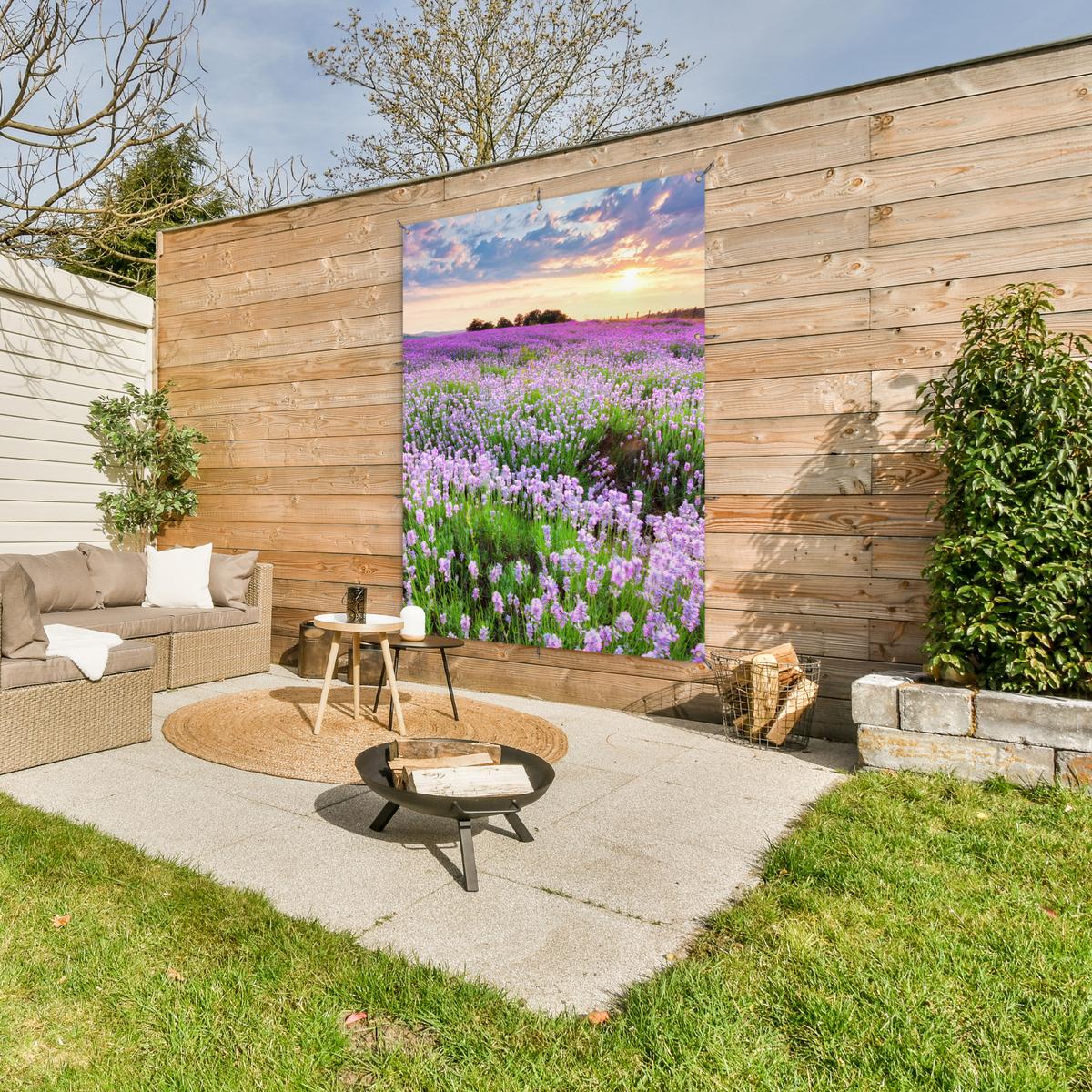 GARTENPOSTER Blumen - Lavendel - Lila - Himmel - Sonnenuntergang - Wiese - Natur Gartendekoration 120x160 cm - Flieder, Kunststoff (120/160/0.2cm) - OnlyWow
