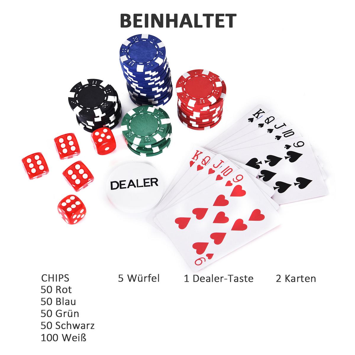 POKERKOFFER Pokerset Pokerchips 4/5 Farben 2 x Kartenspiel 5 x Würfel - Multicolor, Kunststoff (20.5/29.5cm) - HOMCOM