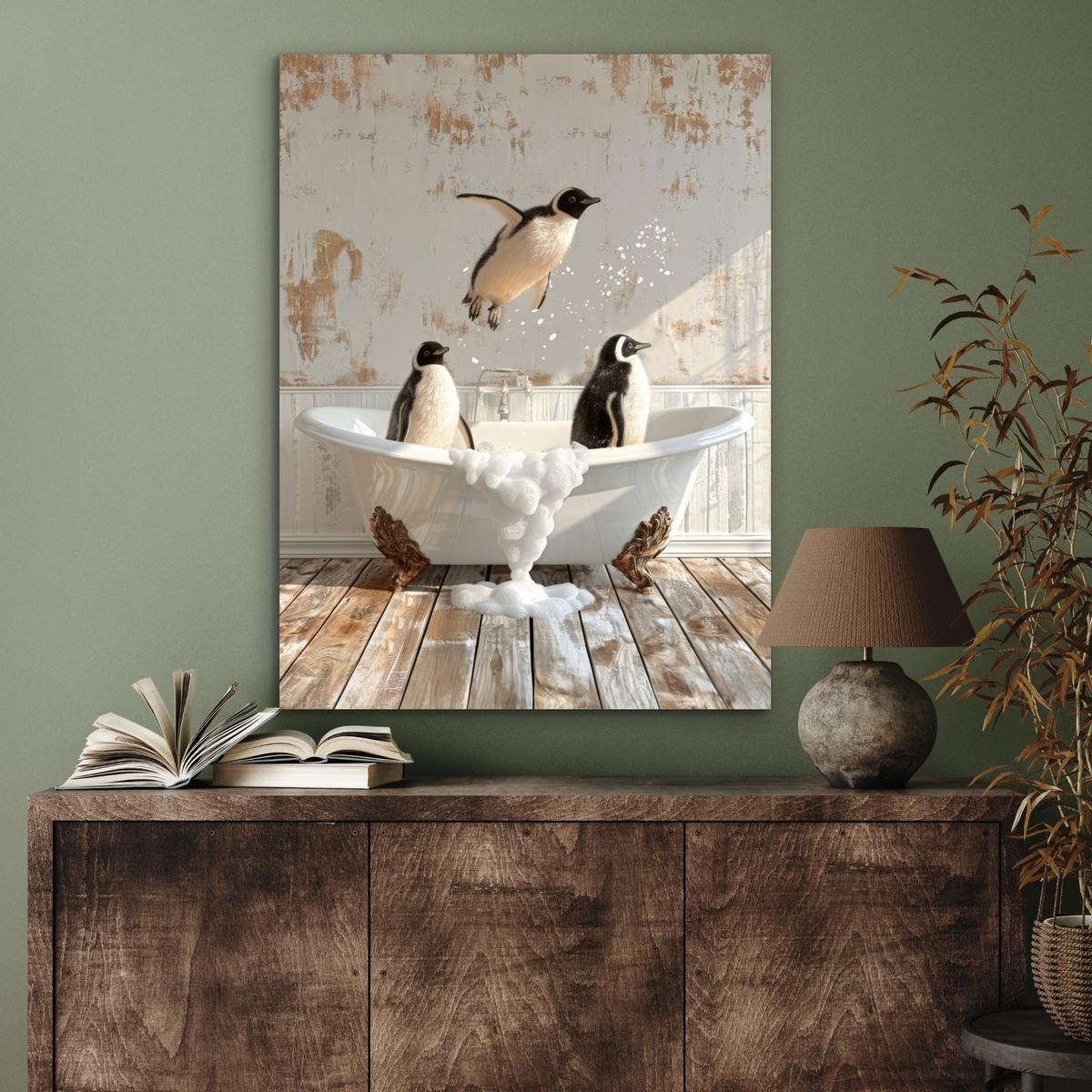 METALLBILD Vintage - Pinguin - Badewanne - Schaumstoff 60x80 cm - Schwarz, Metall (60/80cm) - MuchoWow